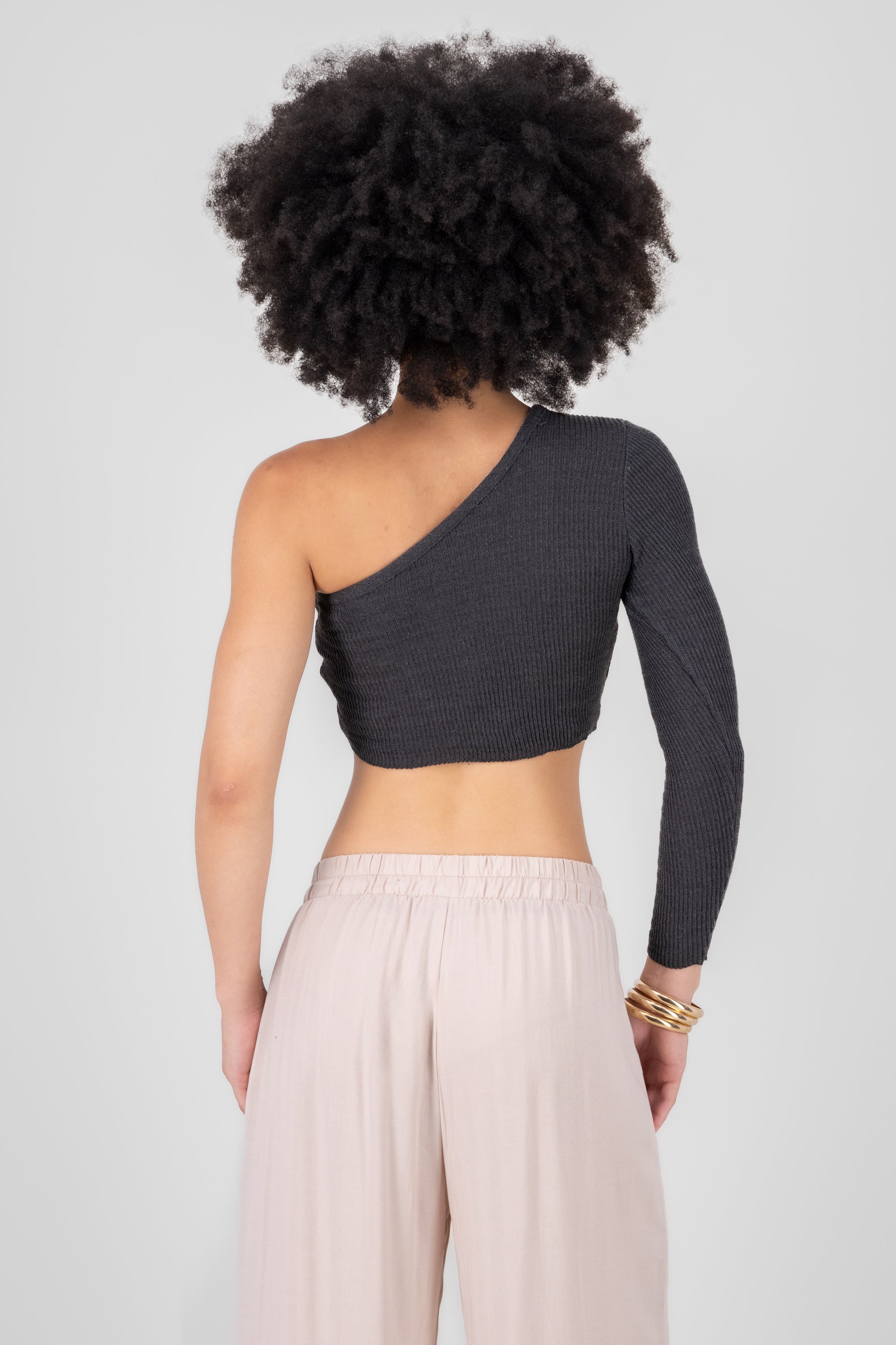 One Shoulder Long Sleeve Knitted  Crop Top DARK GRAY