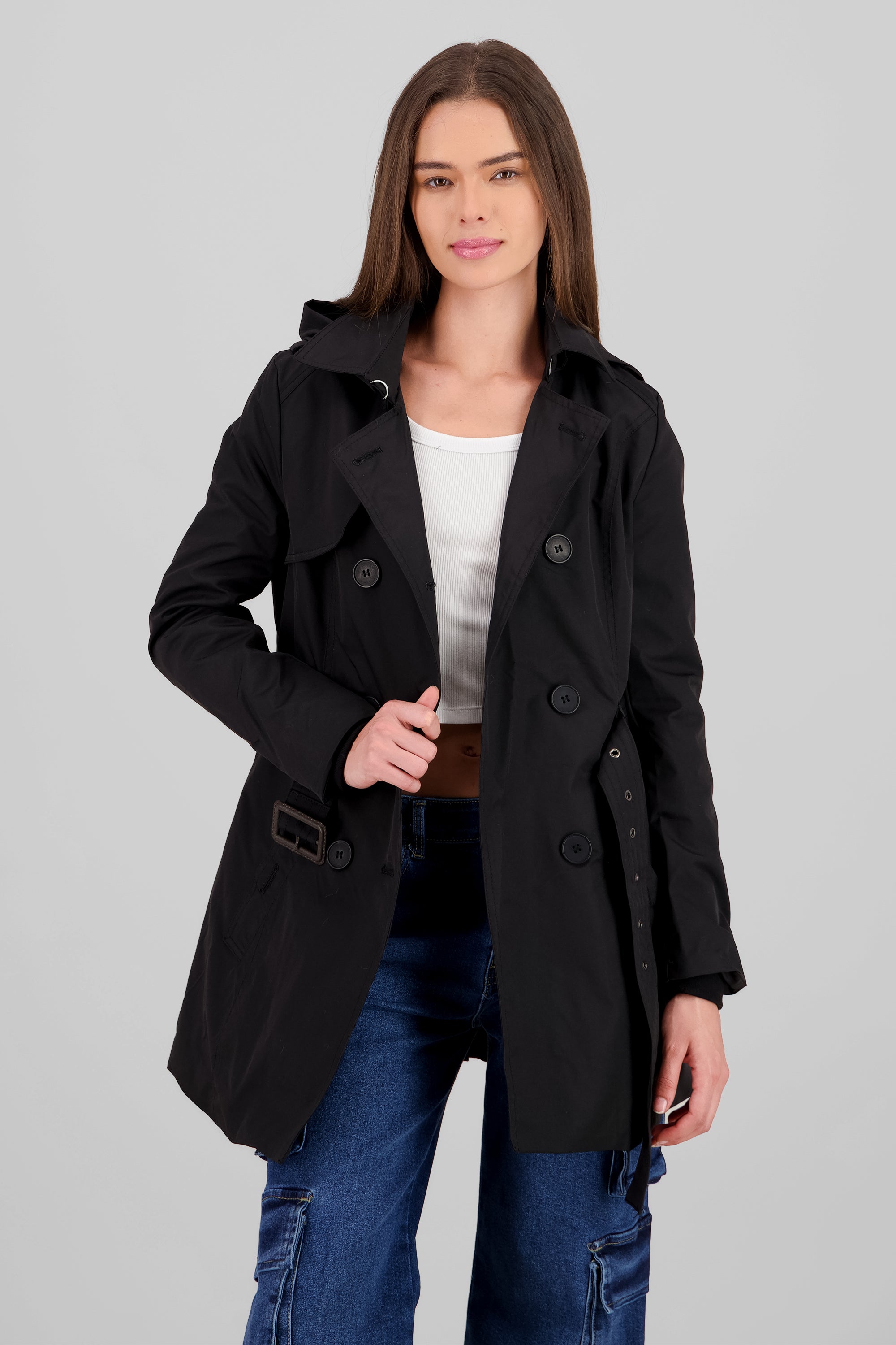 Solid Trench Coat With Button BLACK