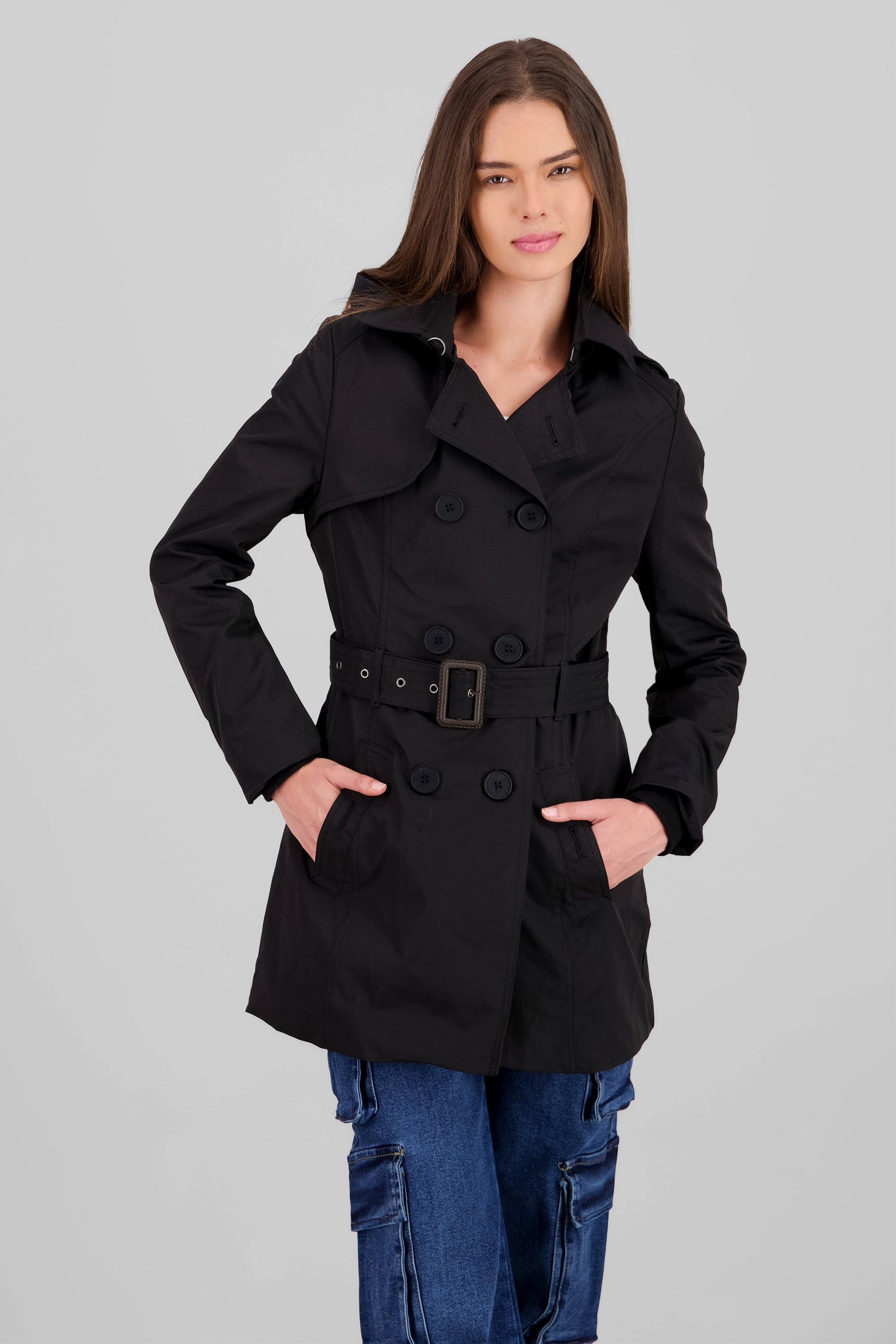 Solid Trench Coat With Button BLACK