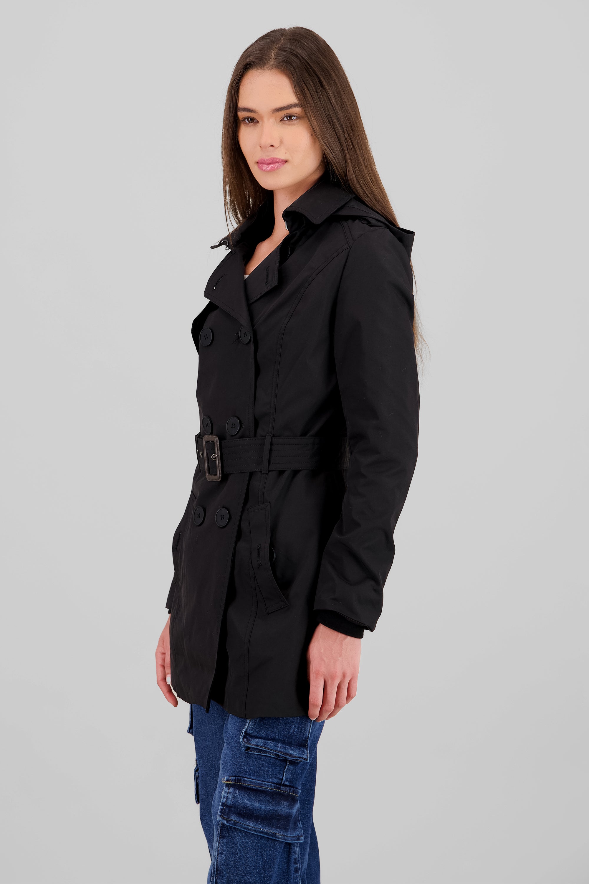 Solid Trench Coat With Button BLACK