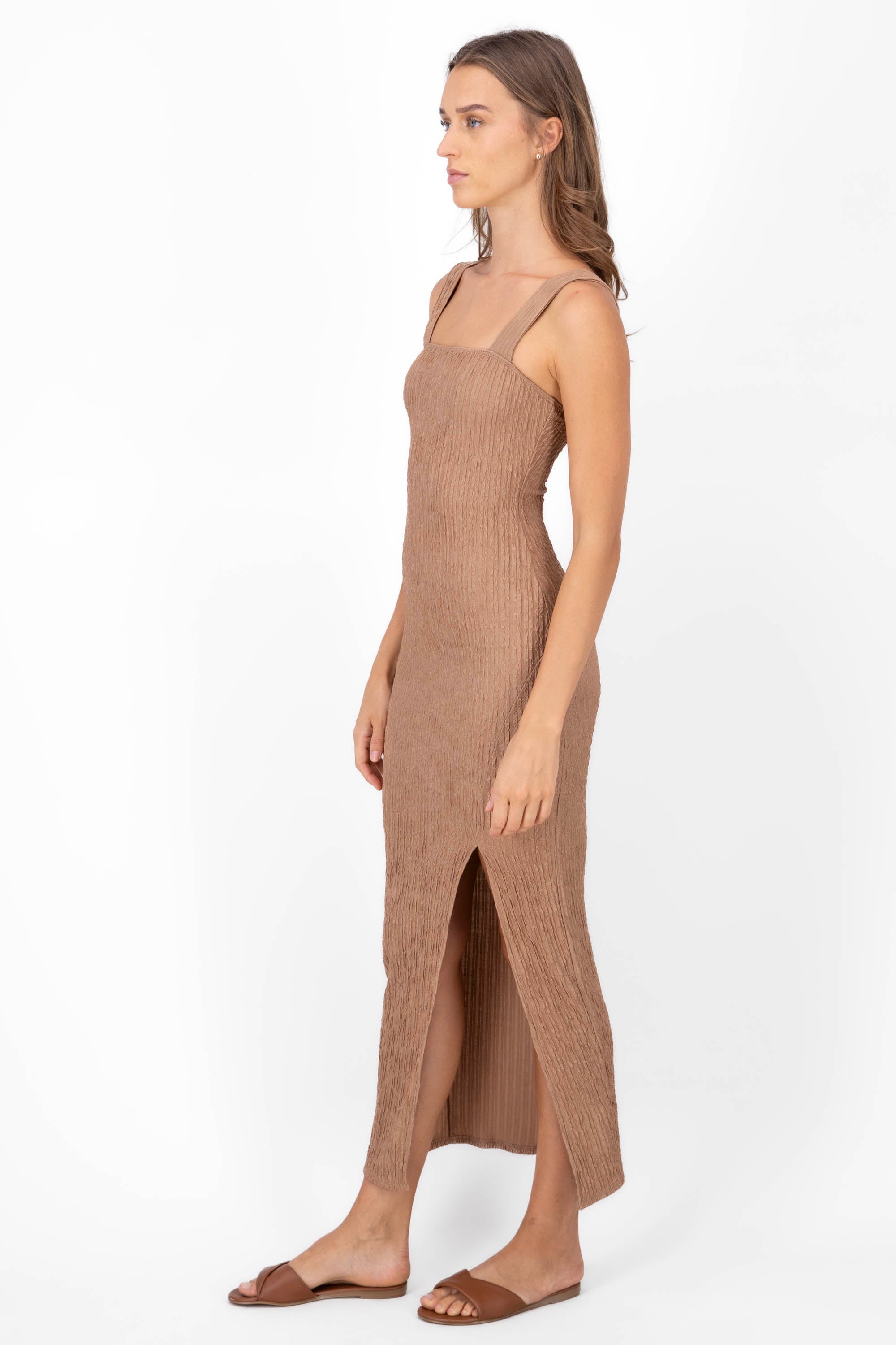 Textured Square Neck Maxi Dress KHAKI