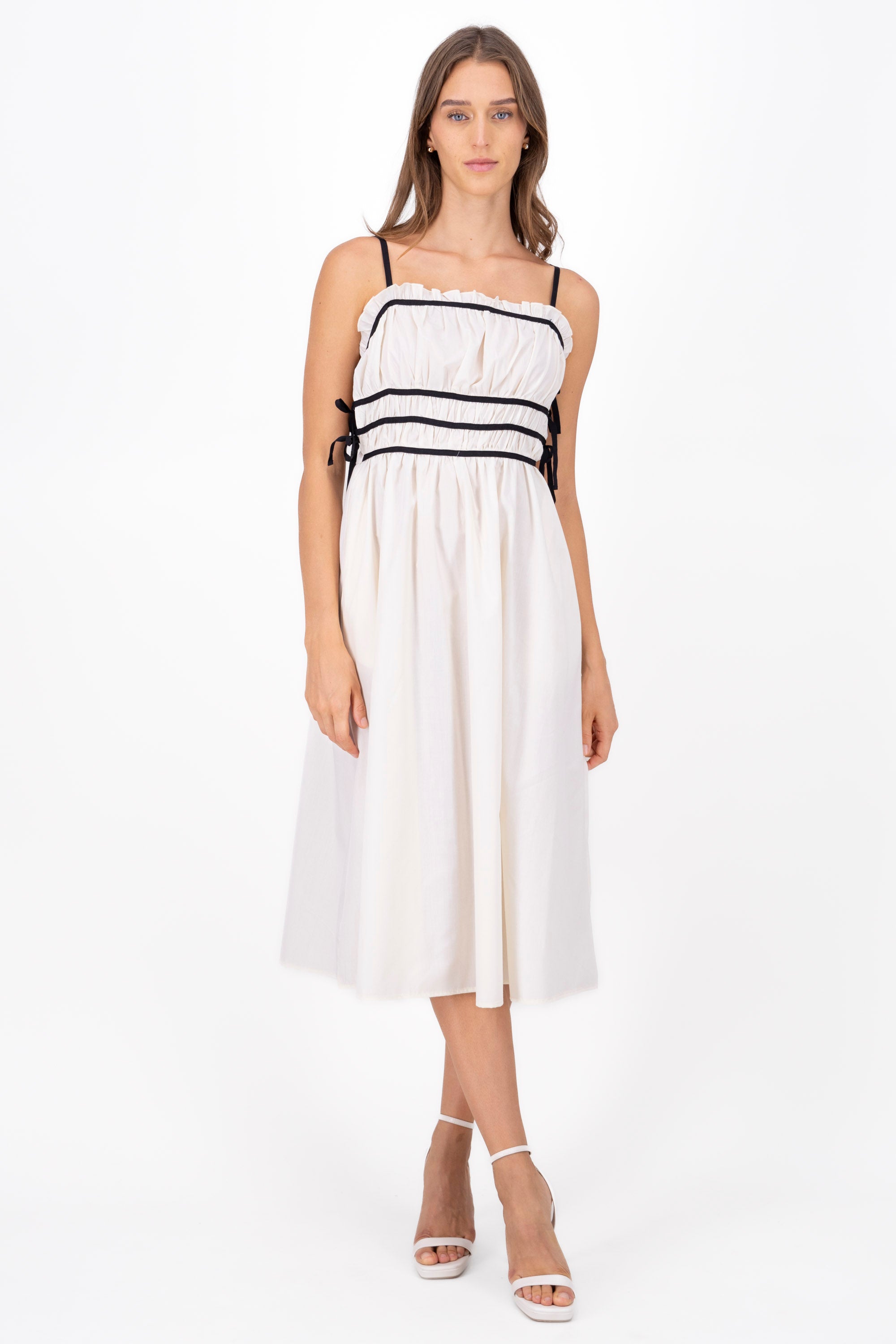 Contrast Shirred Waist Midi Dress WHITE