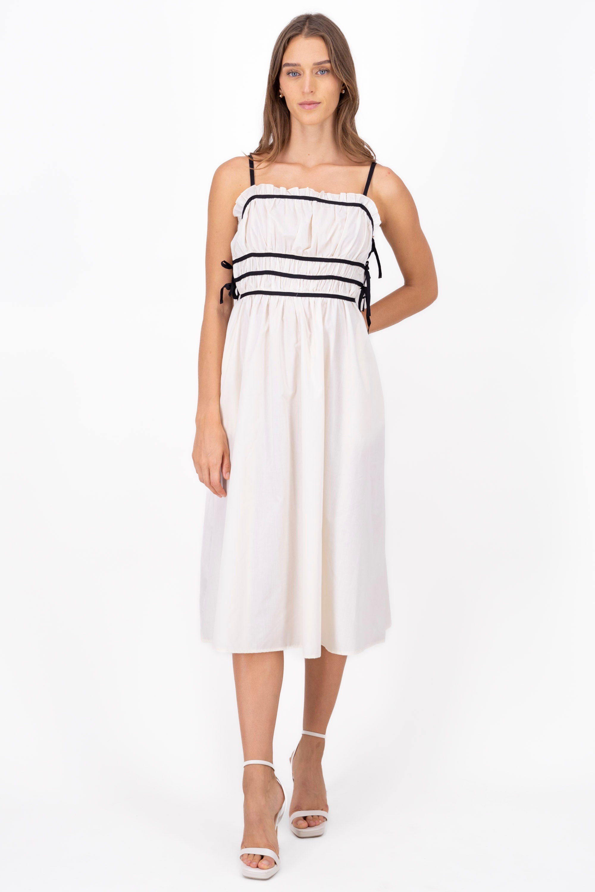 Contrast Shirred Waist Midi Dress WHITE