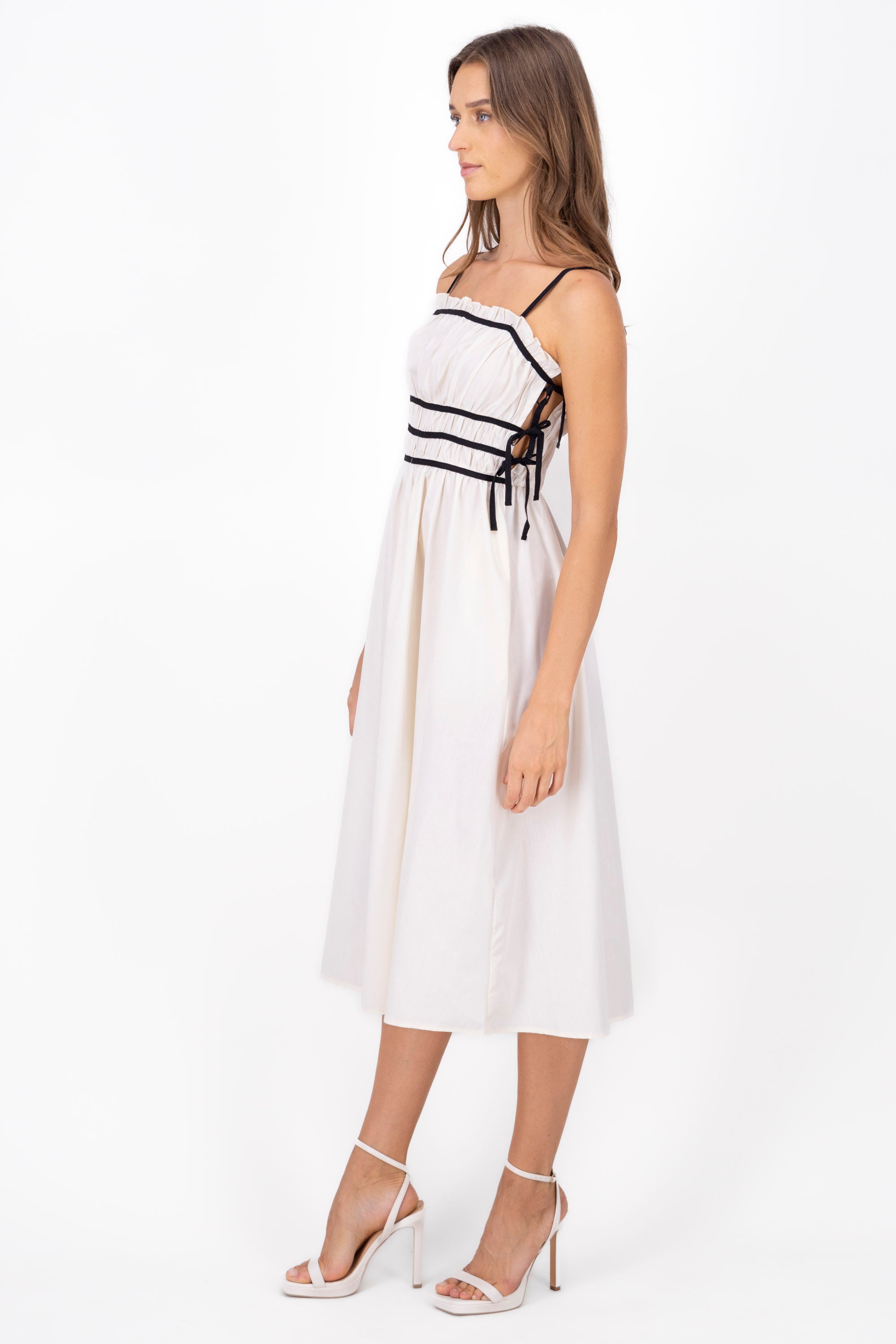 Contrast Shirred Waist Midi Dress WHITE