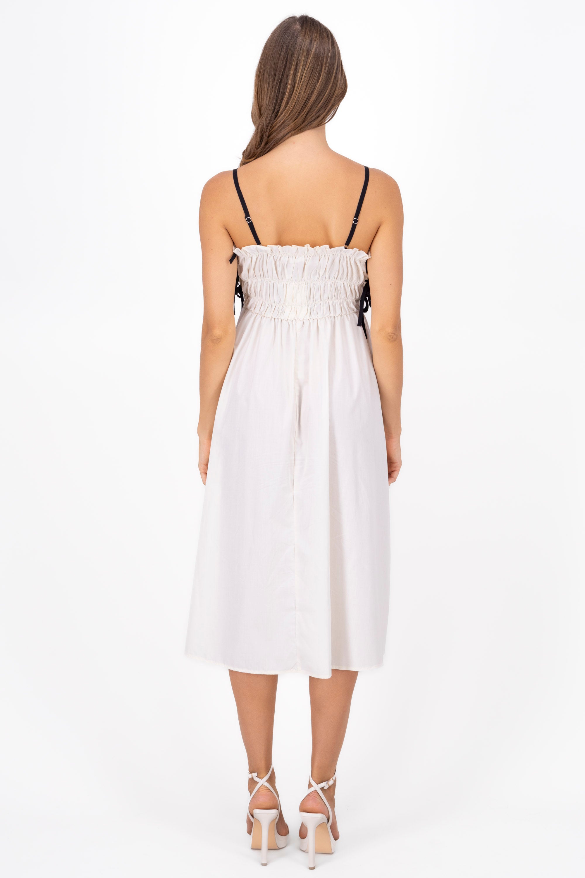 Contrast Shirred Waist Midi Dress WHITE