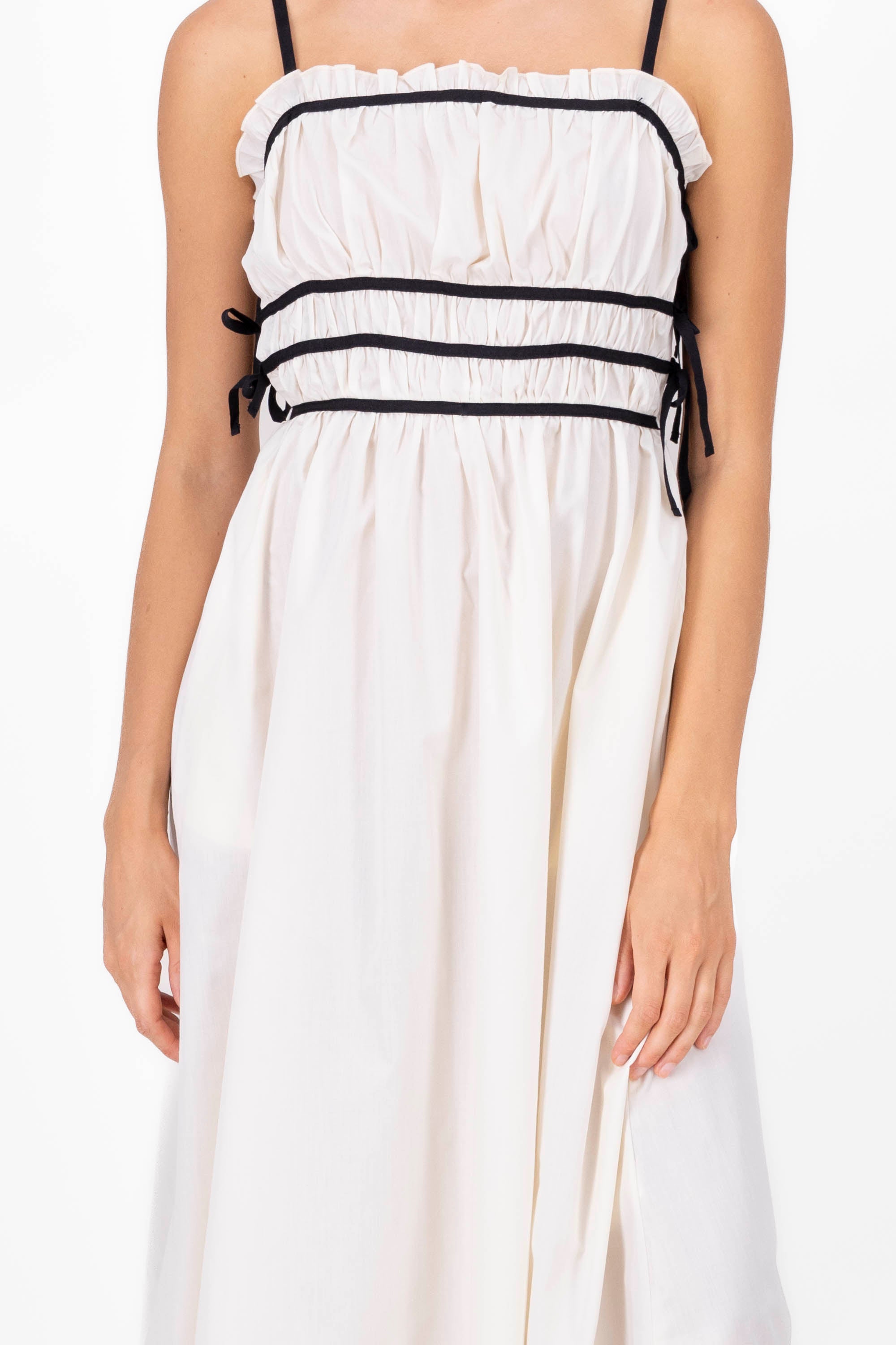 Contrast Shirred Waist Midi Dress WHITE