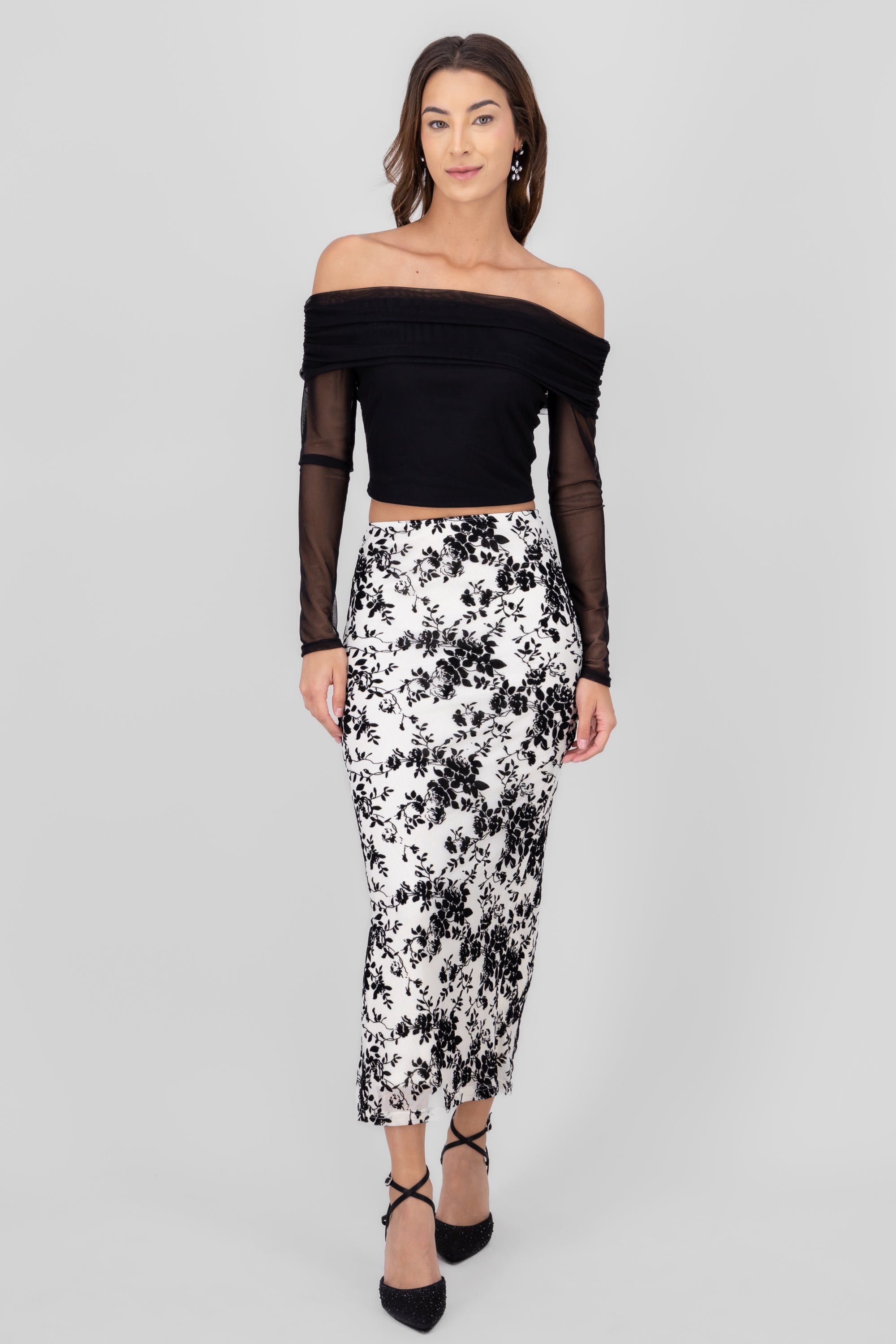 Flock Mesh Floral Midi Skirt BLACK/WHITE