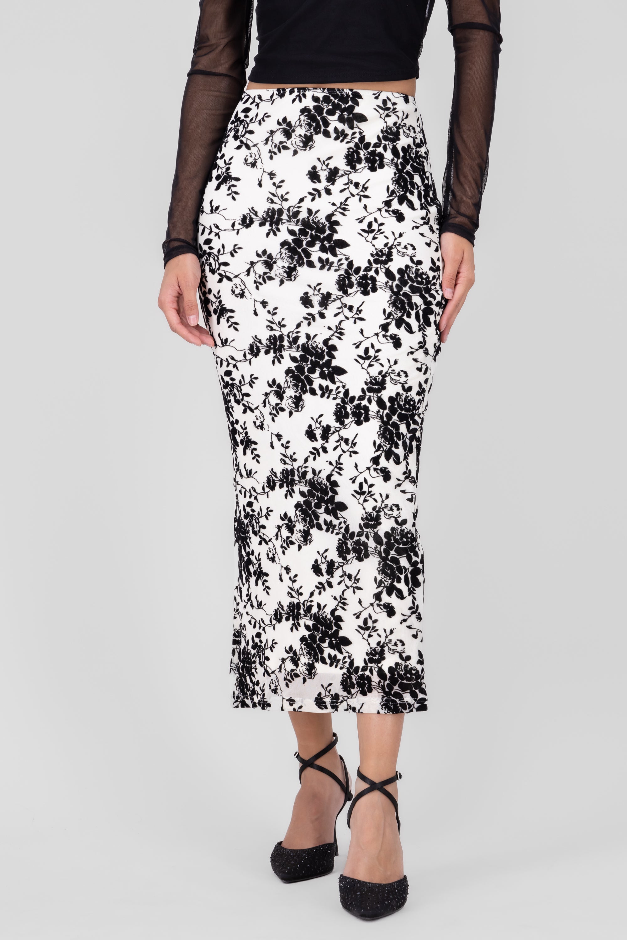 Flock Mesh Floral Midi Skirt BLACK/WHITE