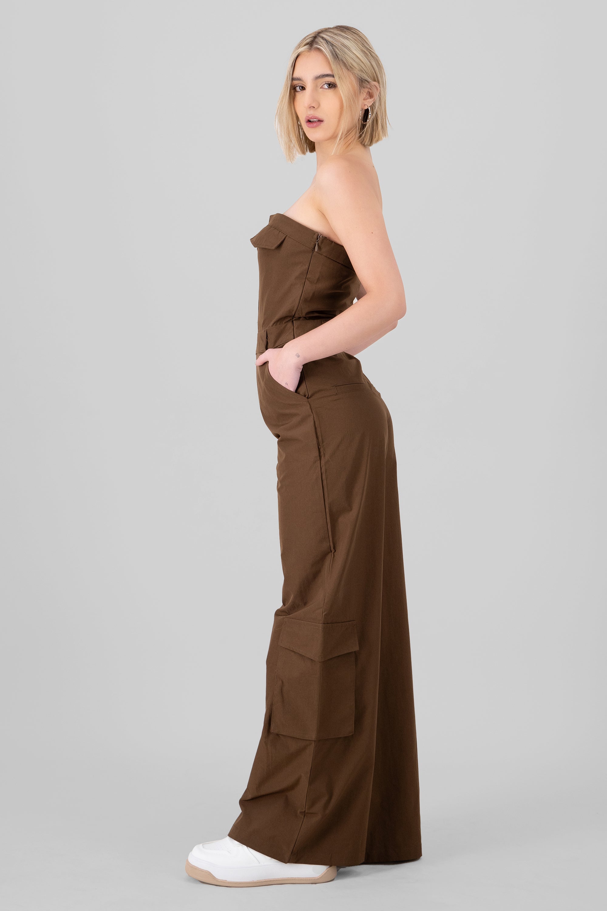 Wide Leg Cargo Jump Suit BROWN