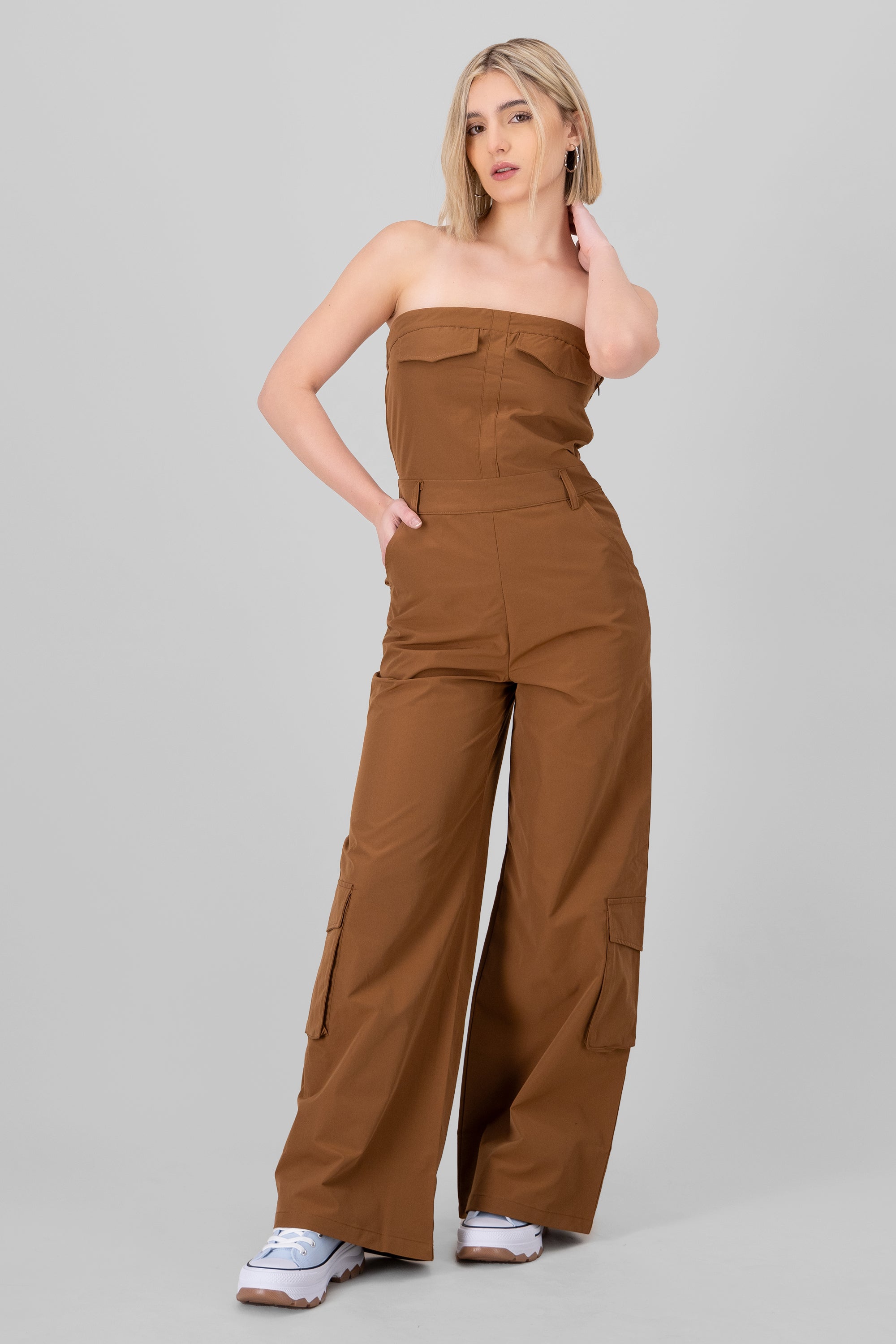 Wide Leg Cargo Jump Suit CAMEL