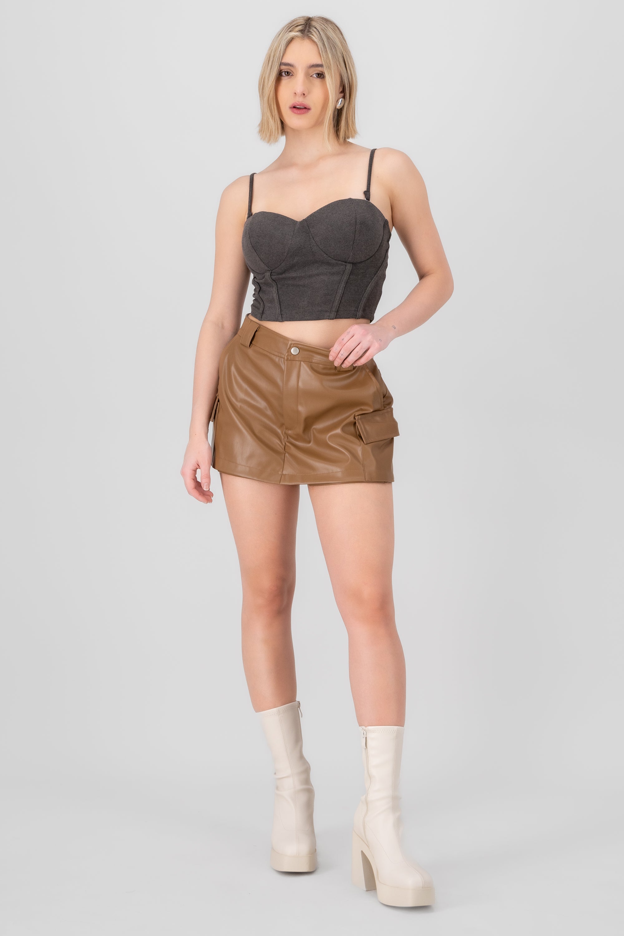 Faux Leather Solid Skort CAMEL