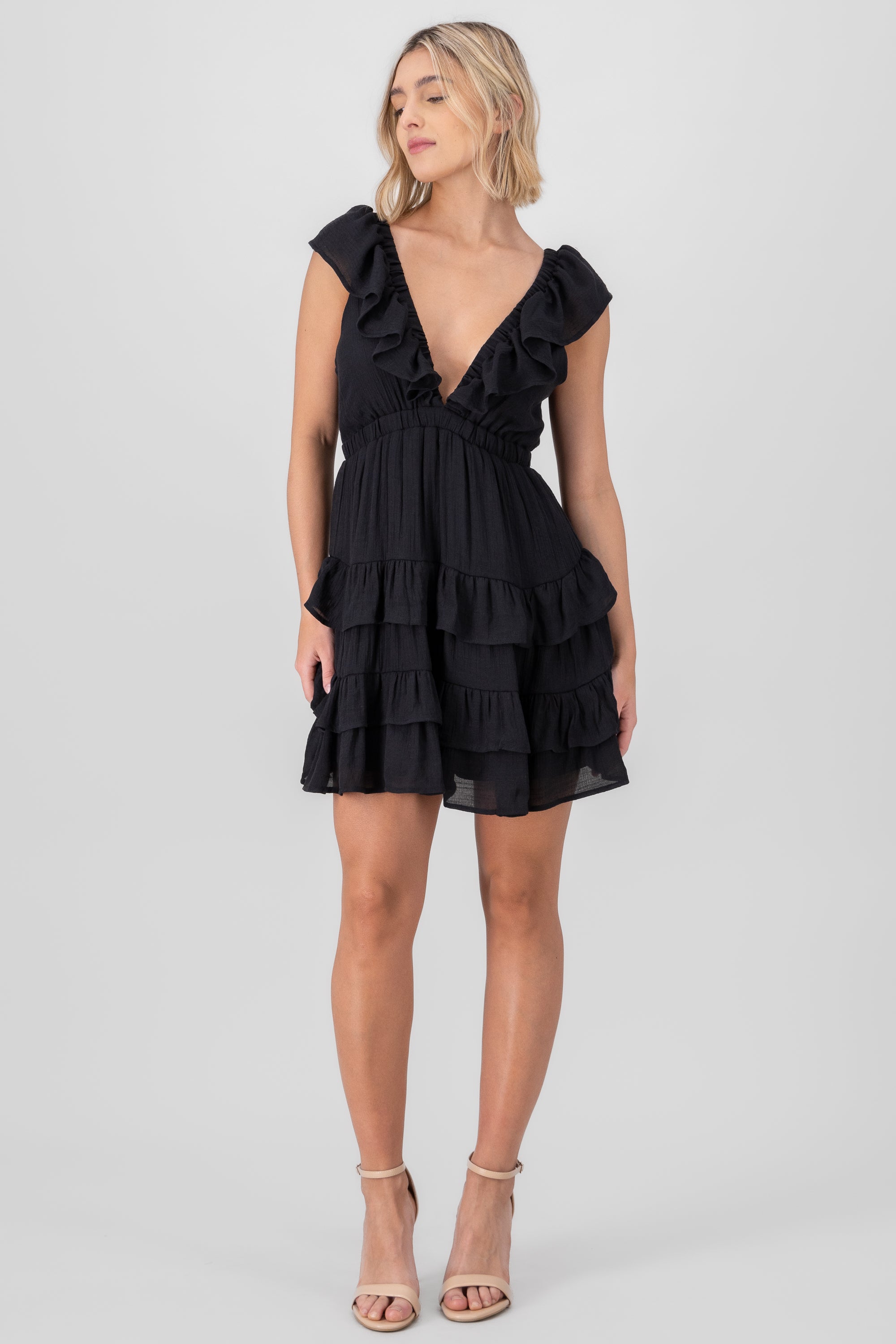 Ruffle Shoulder Tiered Mini Dress BLACK