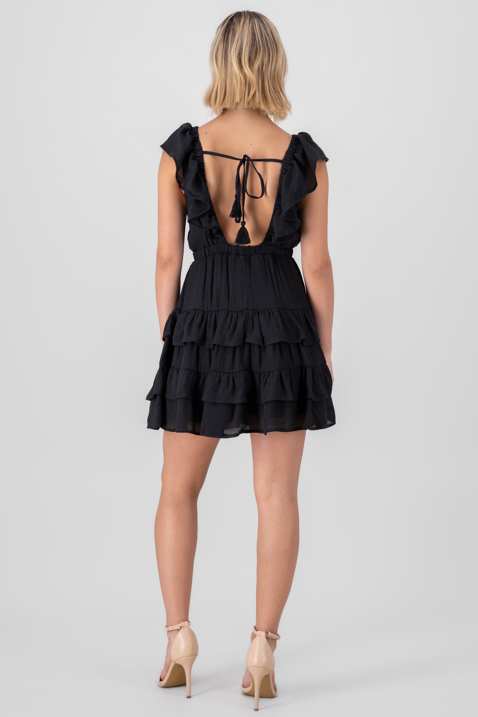 Ruffle Shoulder Tiered Mini Dress BLACK