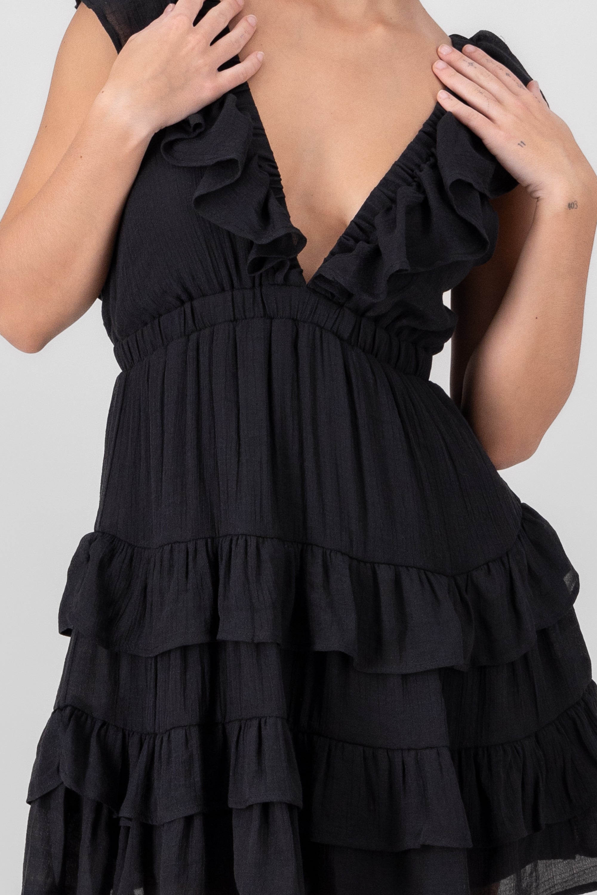 Ruffle Shoulder Tiered Mini Dress BLACK