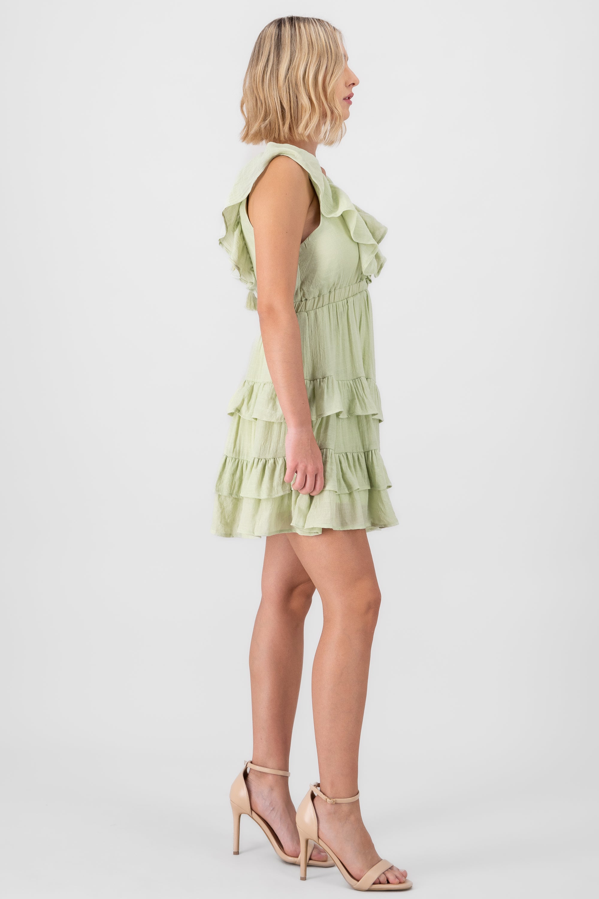 Ruffle Shoulder Tiered Mini Dress SAGE