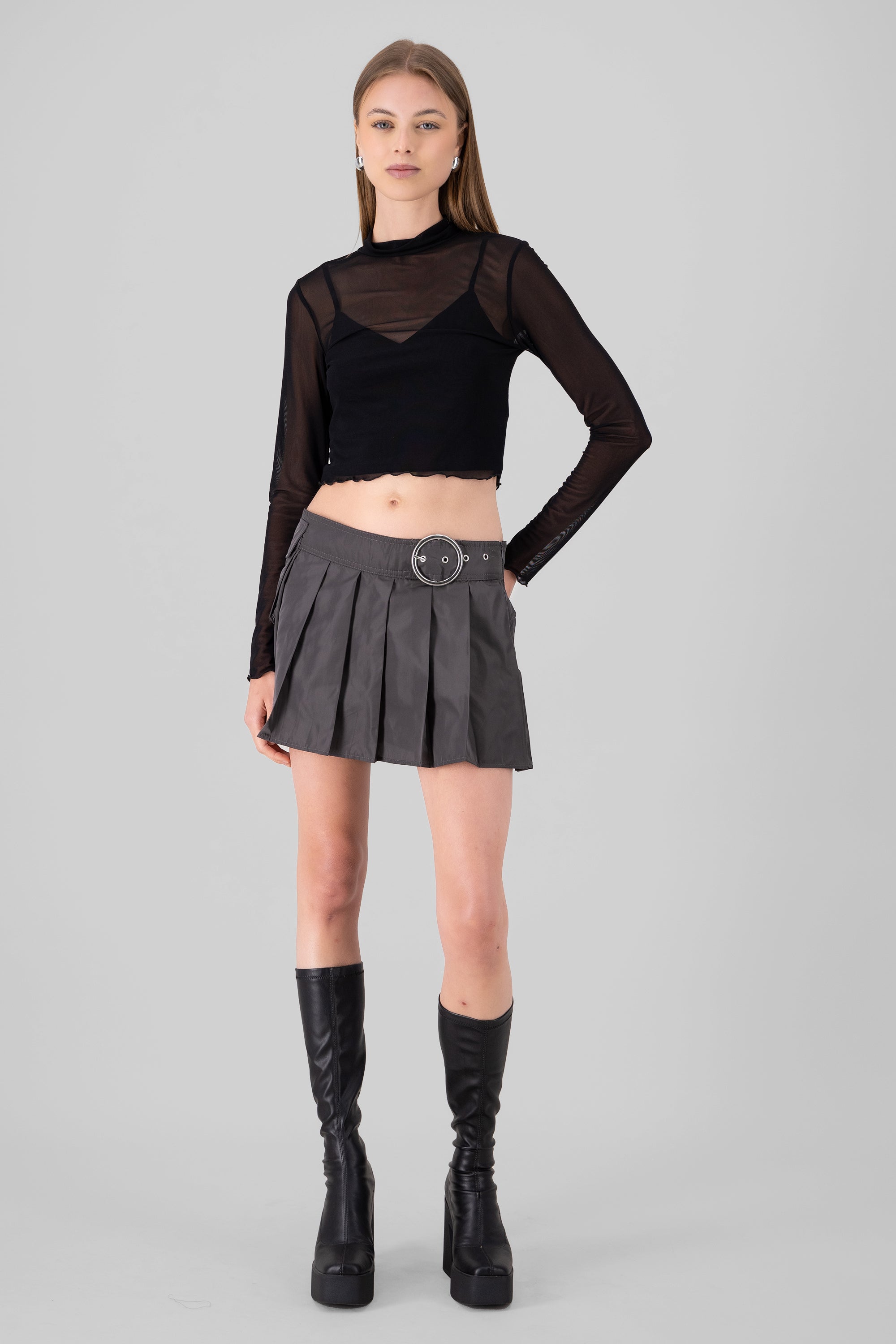 Pleated Skirt With Belt GRAY