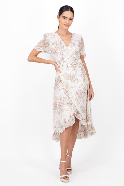 Midi Wrap Floral Short Sleeve Dress BONE COMBO