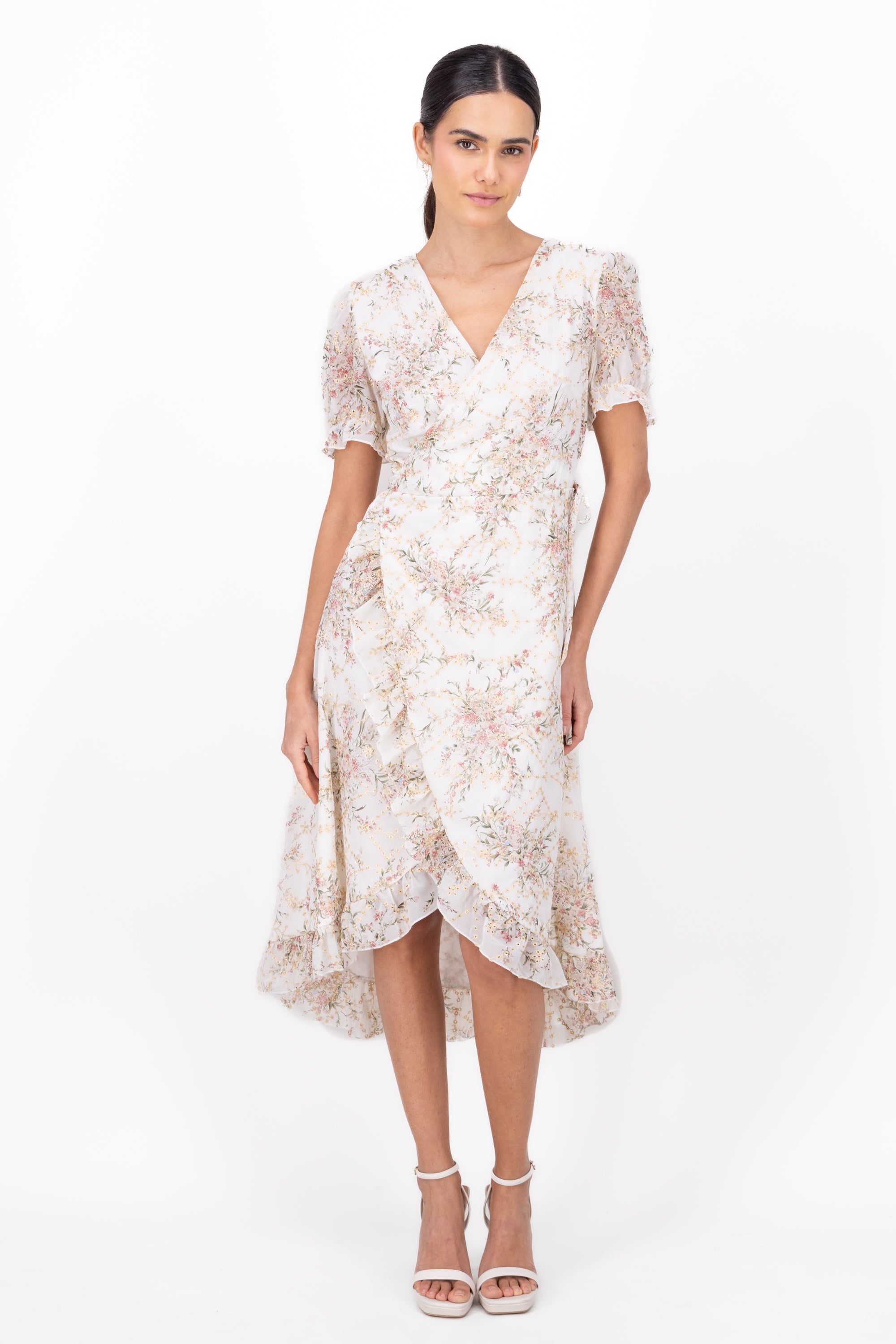 Midi Wrap Floral Short Sleeve Dress BONE COMBO