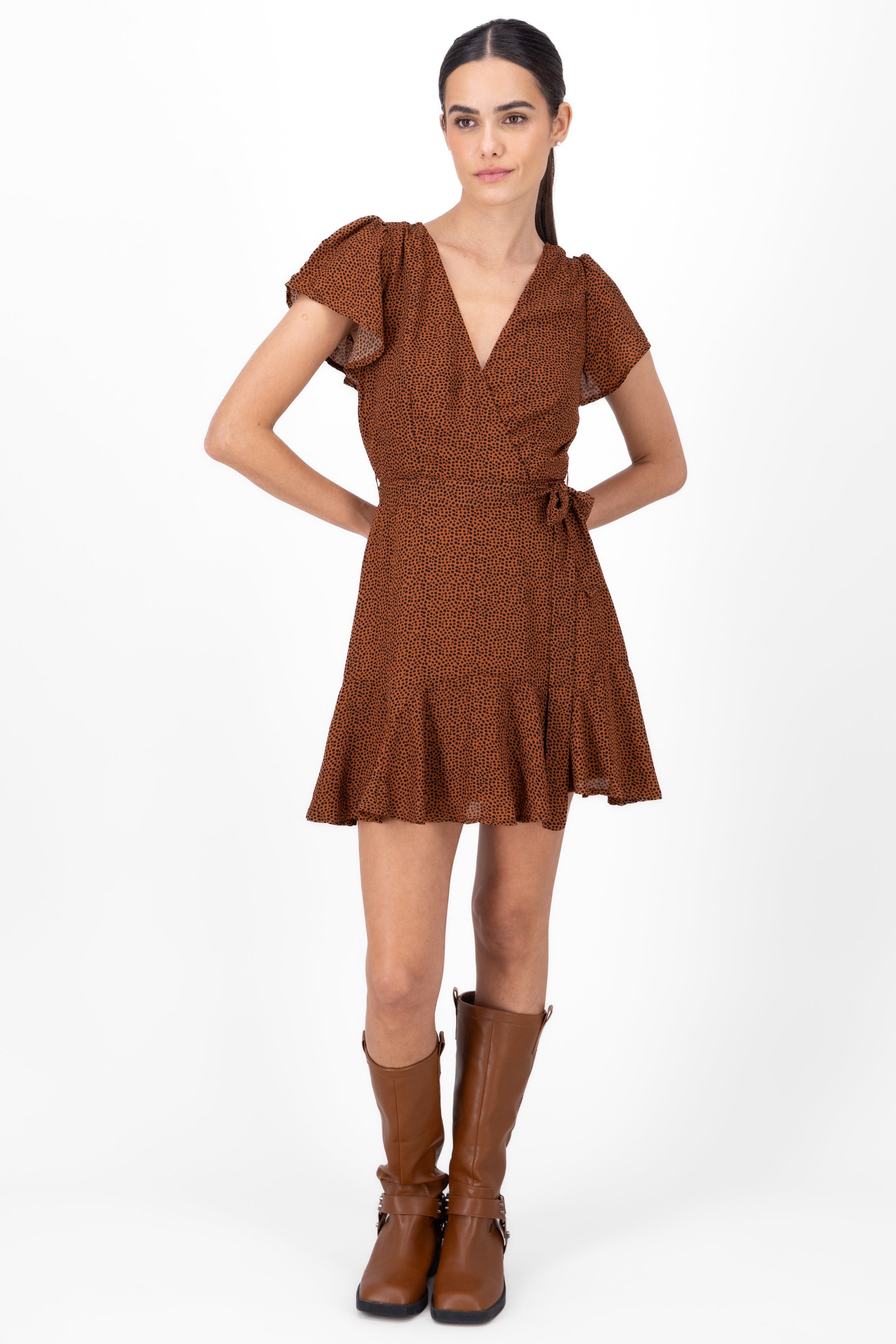 Puff Sleeve Boho Chic Dress BROWN COMBO