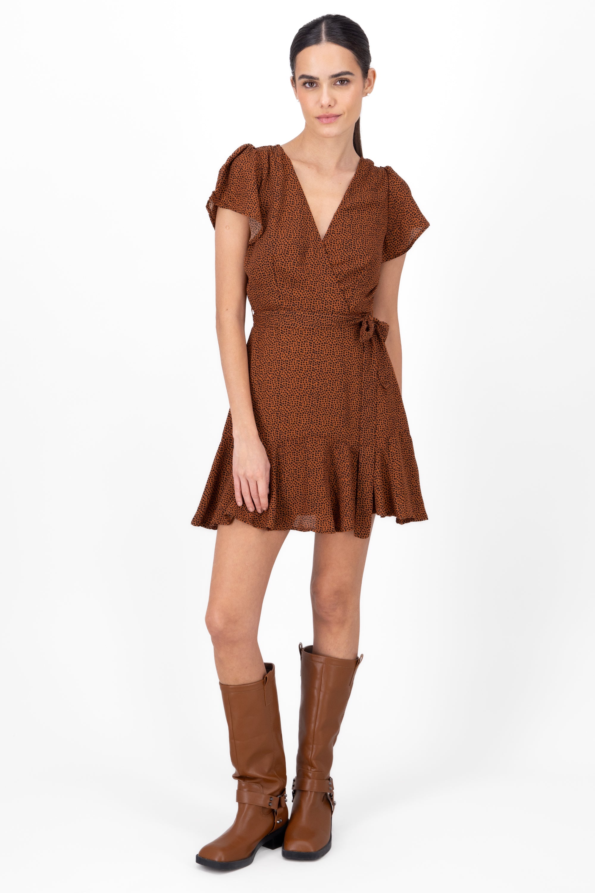 Puff Sleeve Boho Chic Dress BROWN COMBO