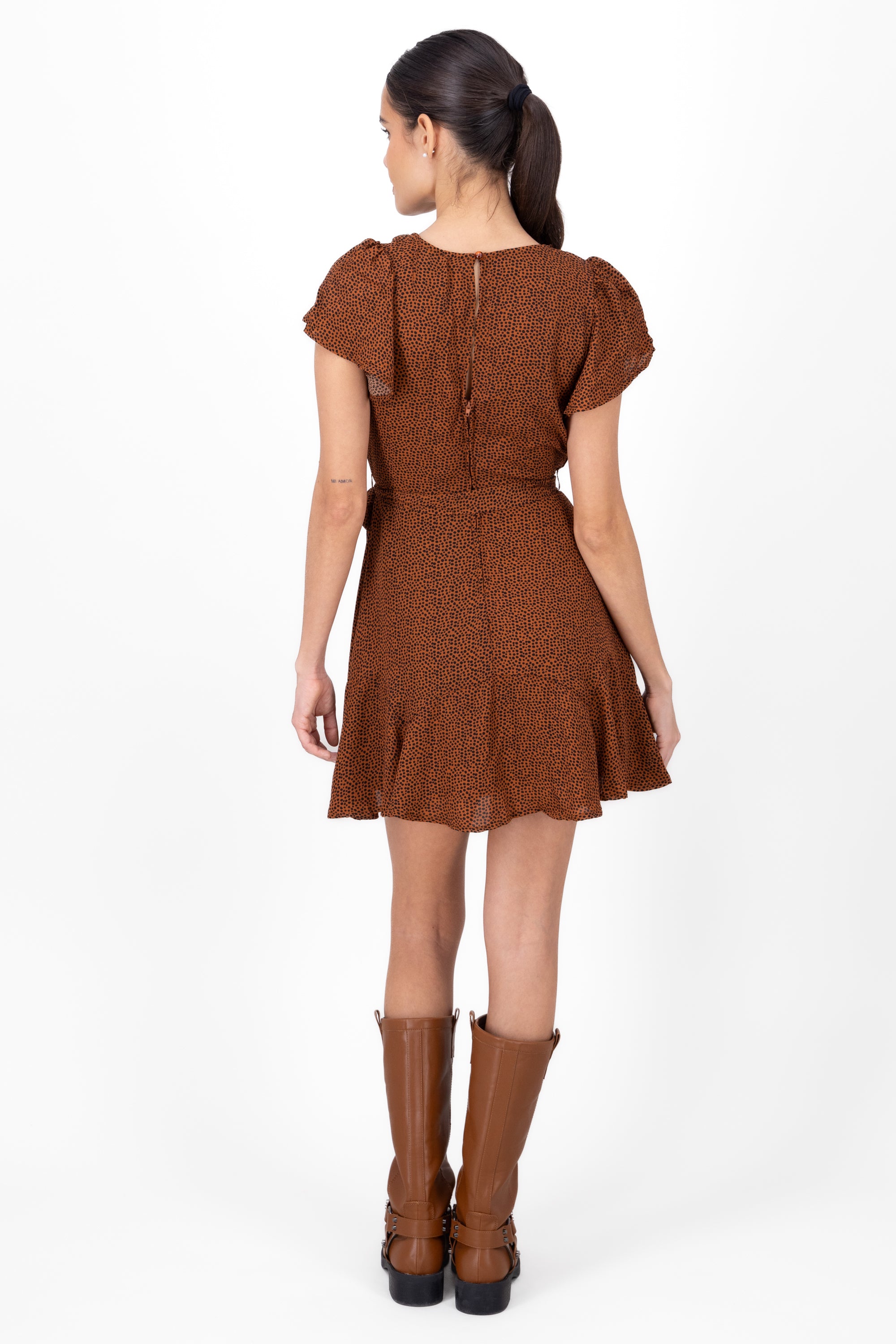 Puff Sleeve Boho Chic Dress BROWN COMBO