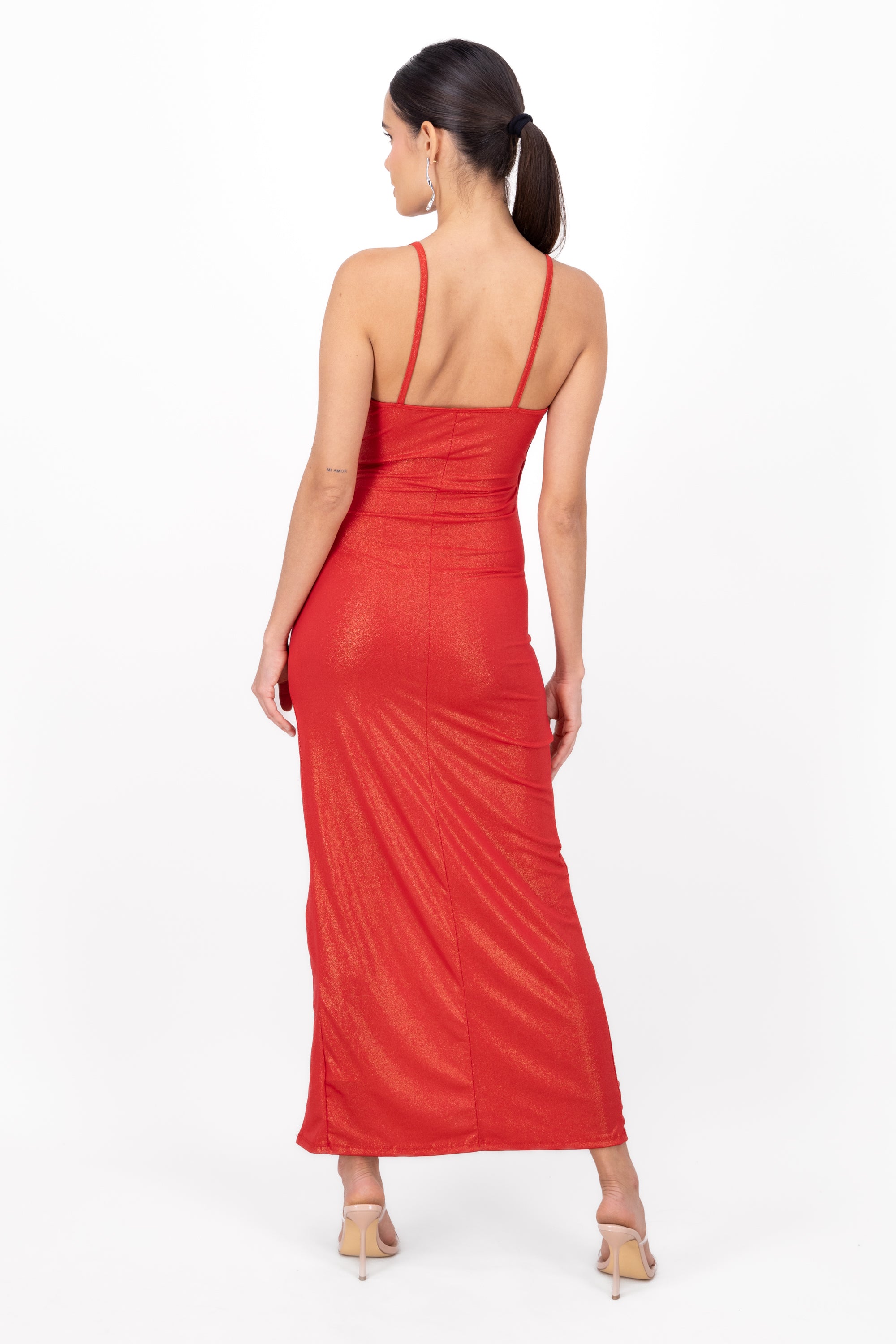 Metallic V Neck Maxi Dress RED