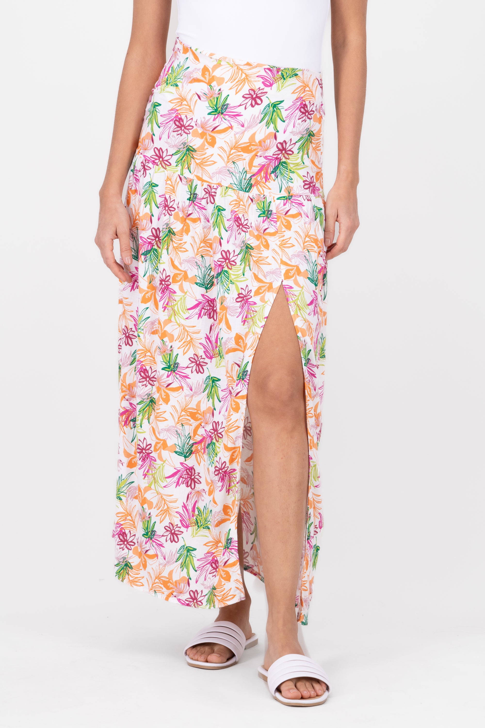 Tropical Print High Waisted Skirt WHITE COMBO