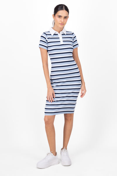 Stripped Dress With Polo Collar BLUE COMBO