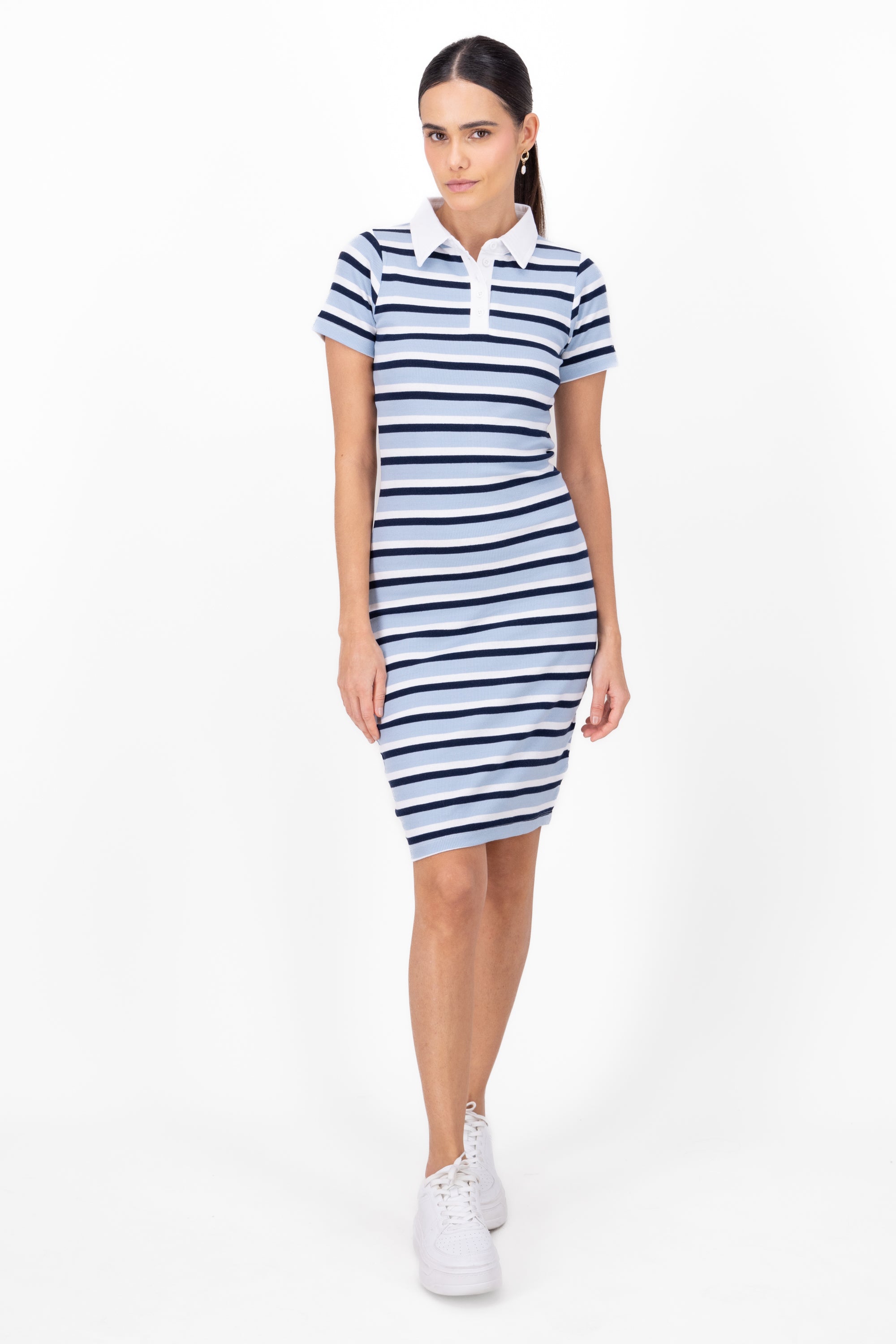 Stripped Dress With Polo Collar BLUE COMBO