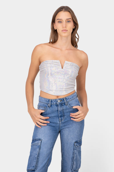 Strapless V Neck Shinny Top BRIGHT MULTICOLOR