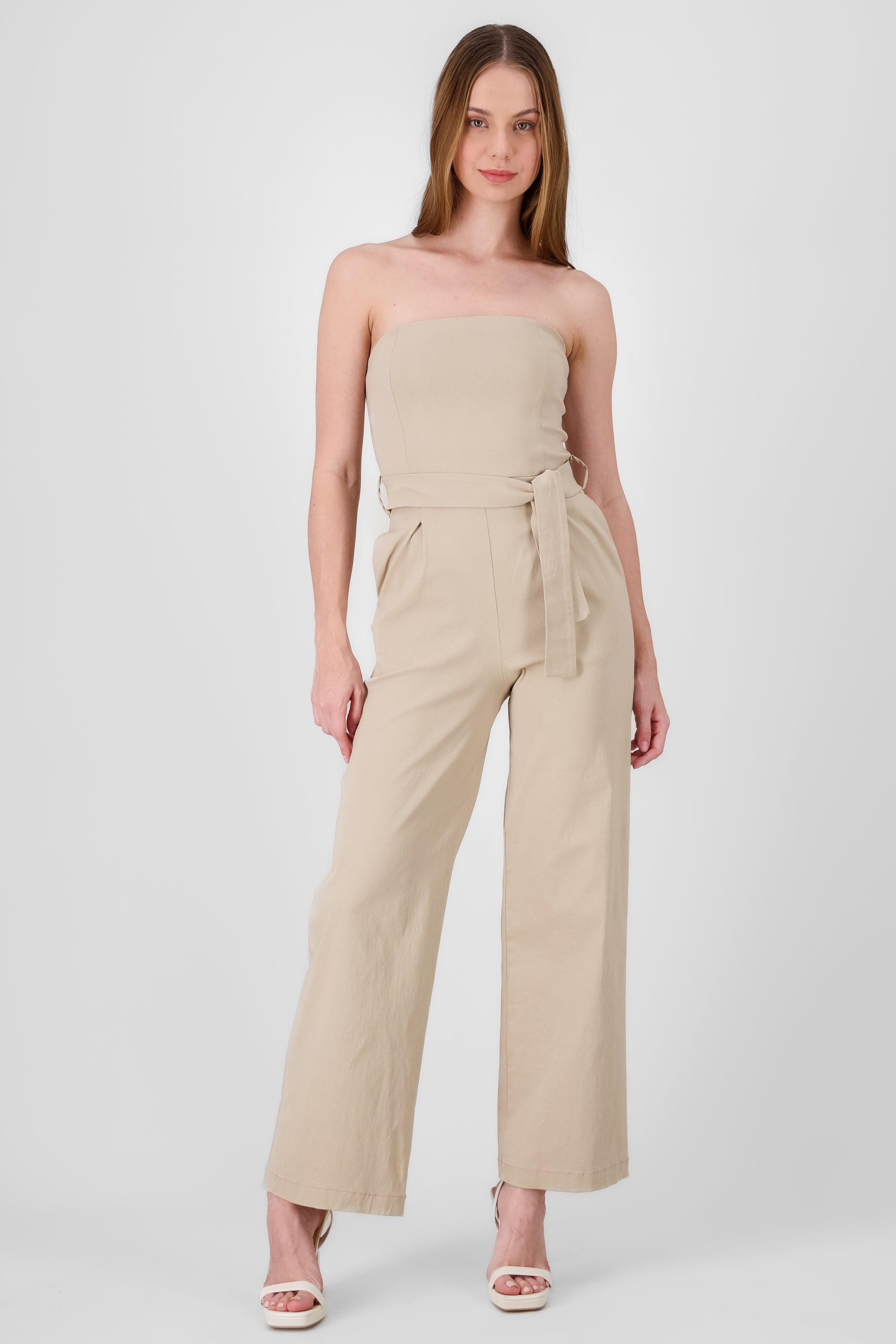 Solid Strapless Jumpsuit With Belt SAND