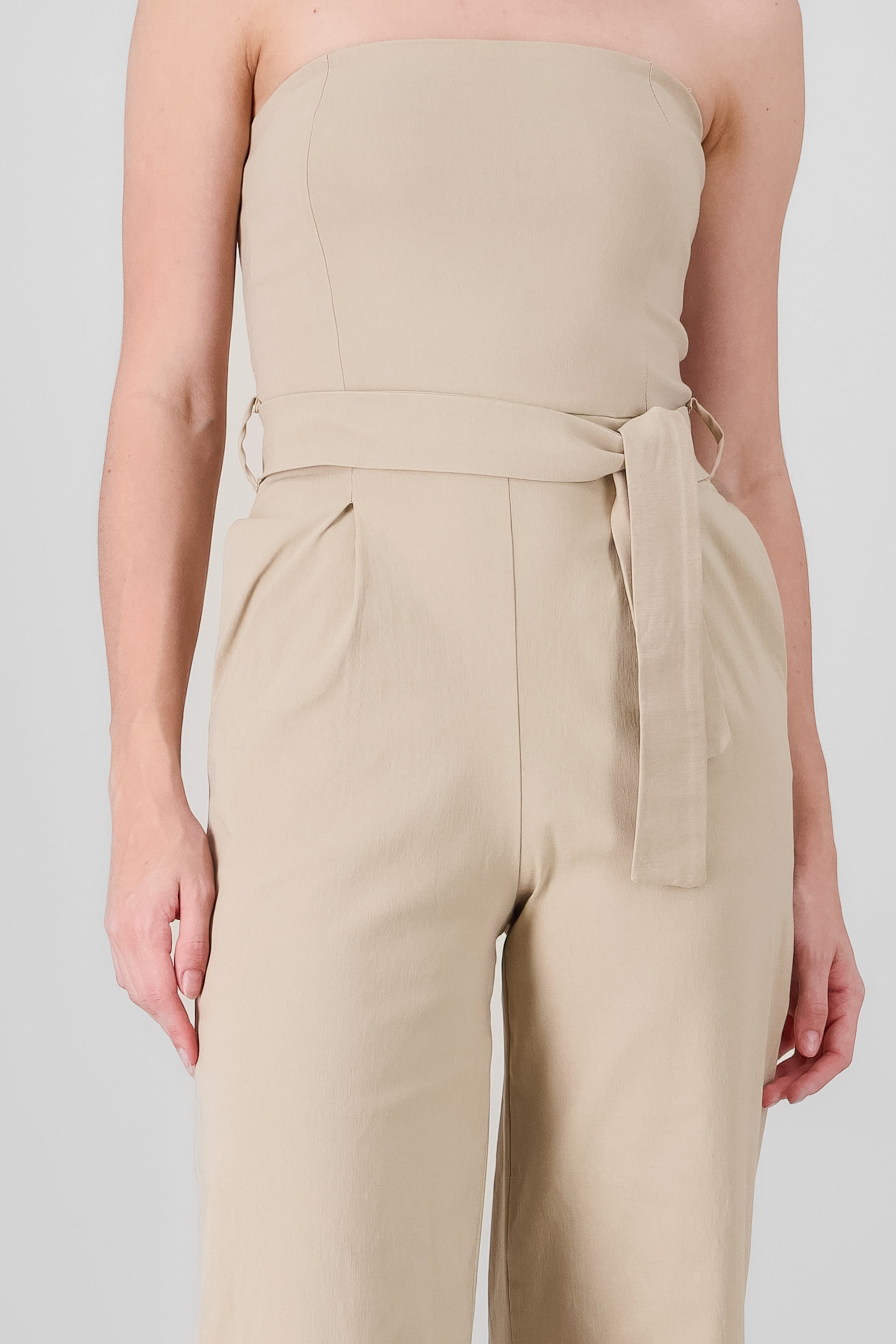 Solid Strapless Jumpsuit With Belt SAND