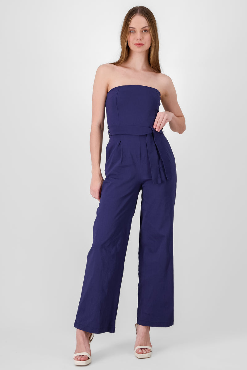 Adabella | White Satin Strapless One-Sleeve Straight-Leg Jumpsuit