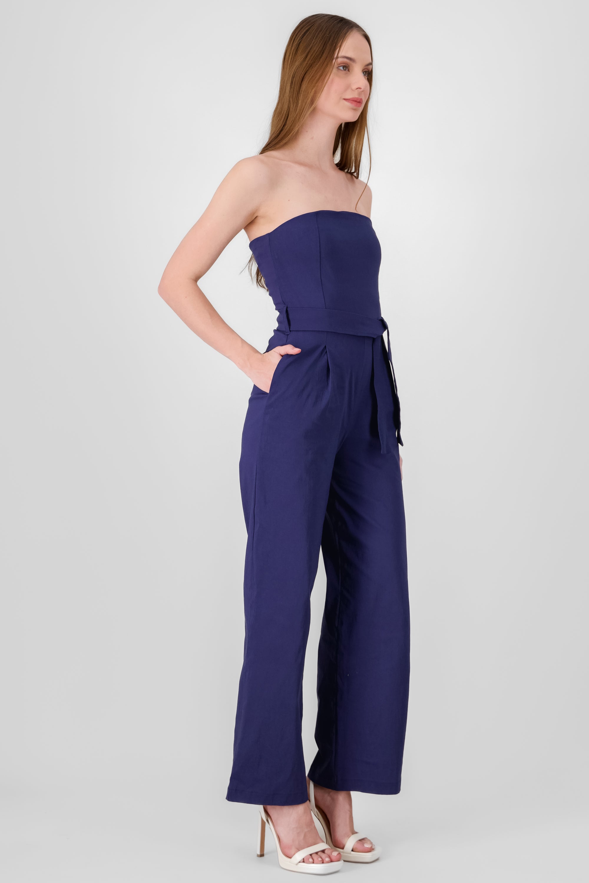 Solid Strapless Jumpsuit With Belt NAVY