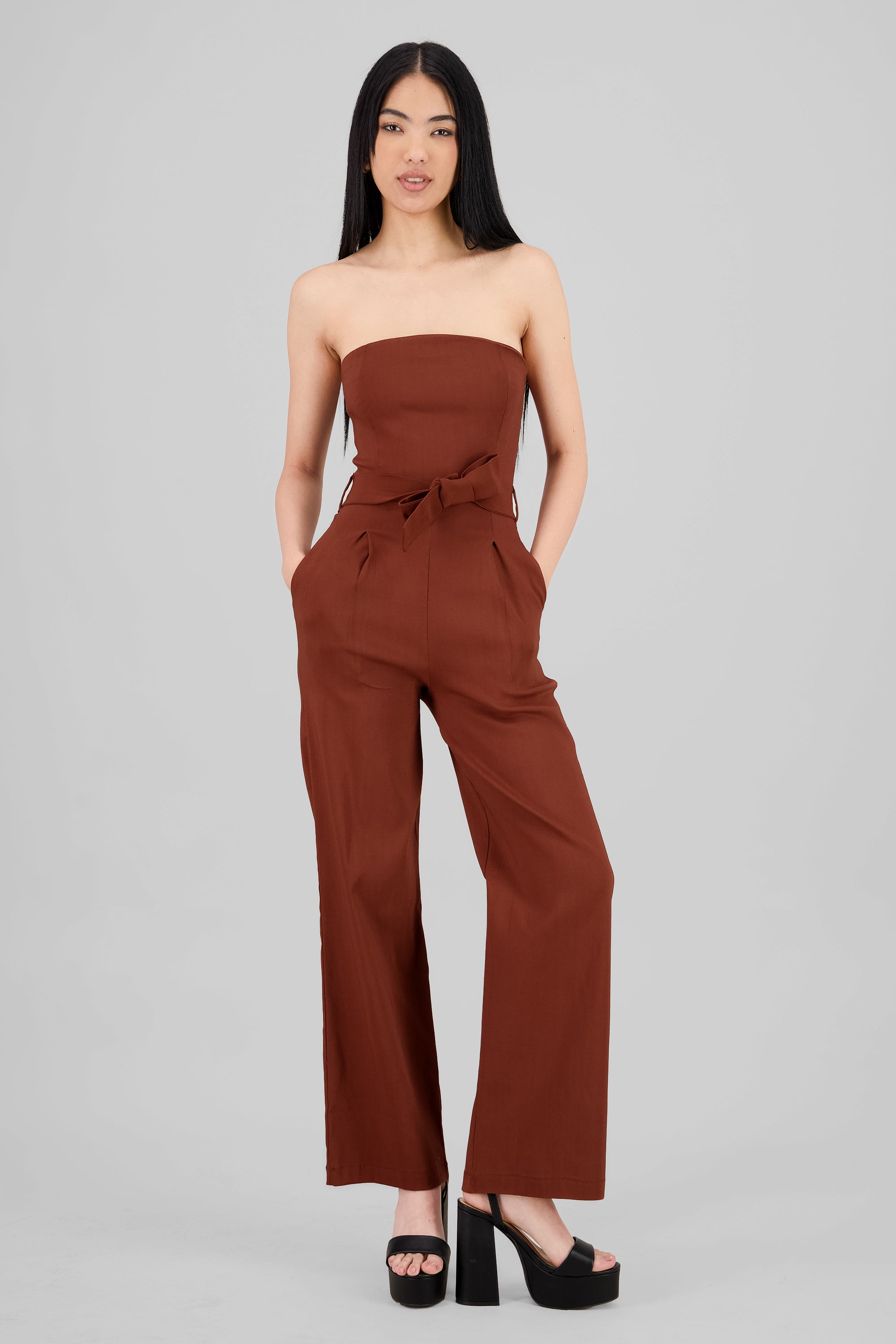 Solid Strapless Jumpsuit With Belt BROWN