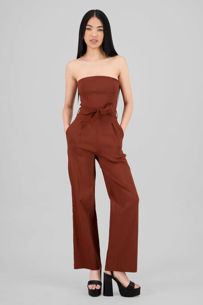 Solid Strapless Jumpsuit With Belt CAMEL