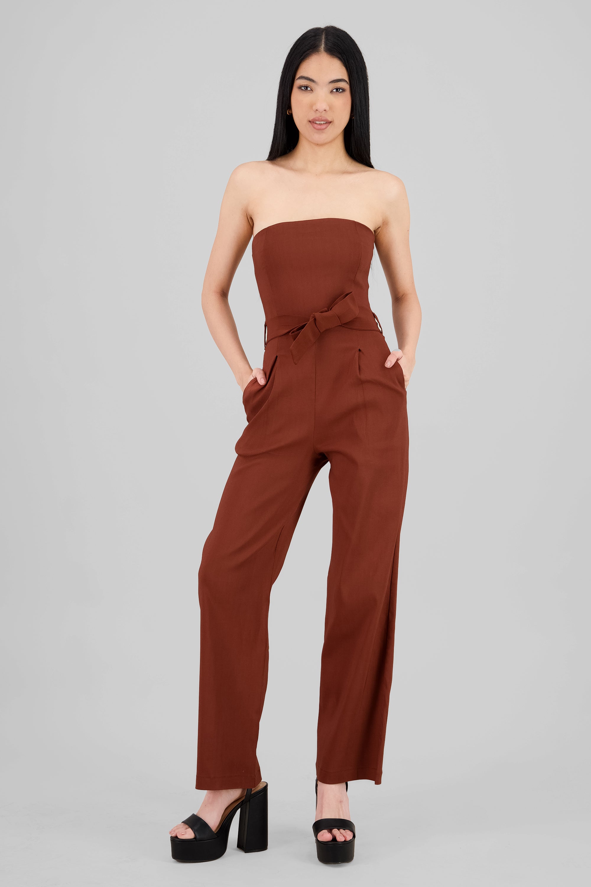 Solid Strapless Jumpsuit With Belt BROWN