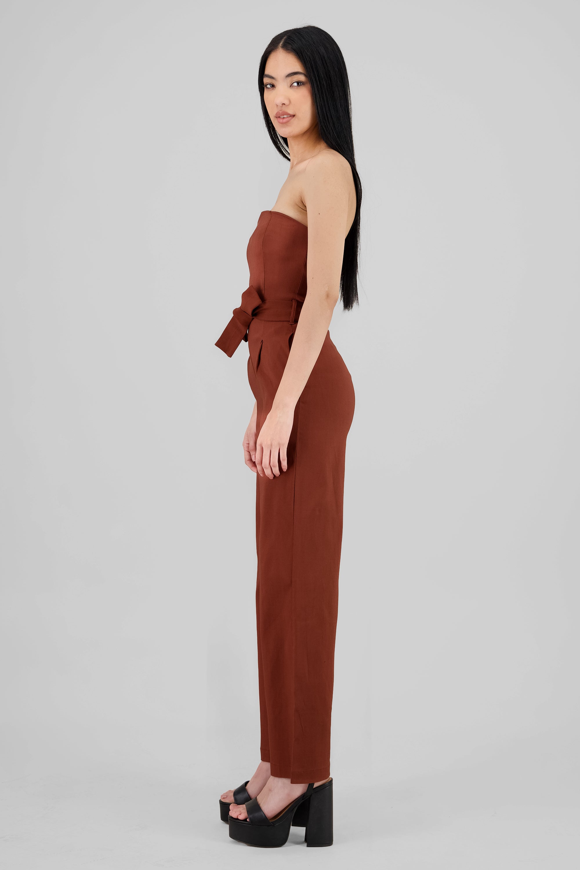 Solid Strapless Jumpsuit With Belt BROWN