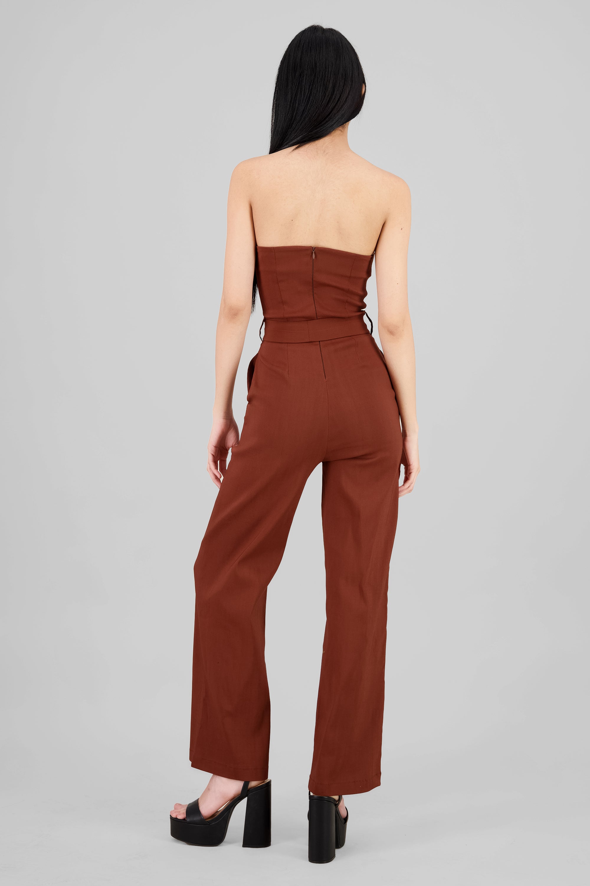 Solid Strapless Jumpsuit With Belt BROWN