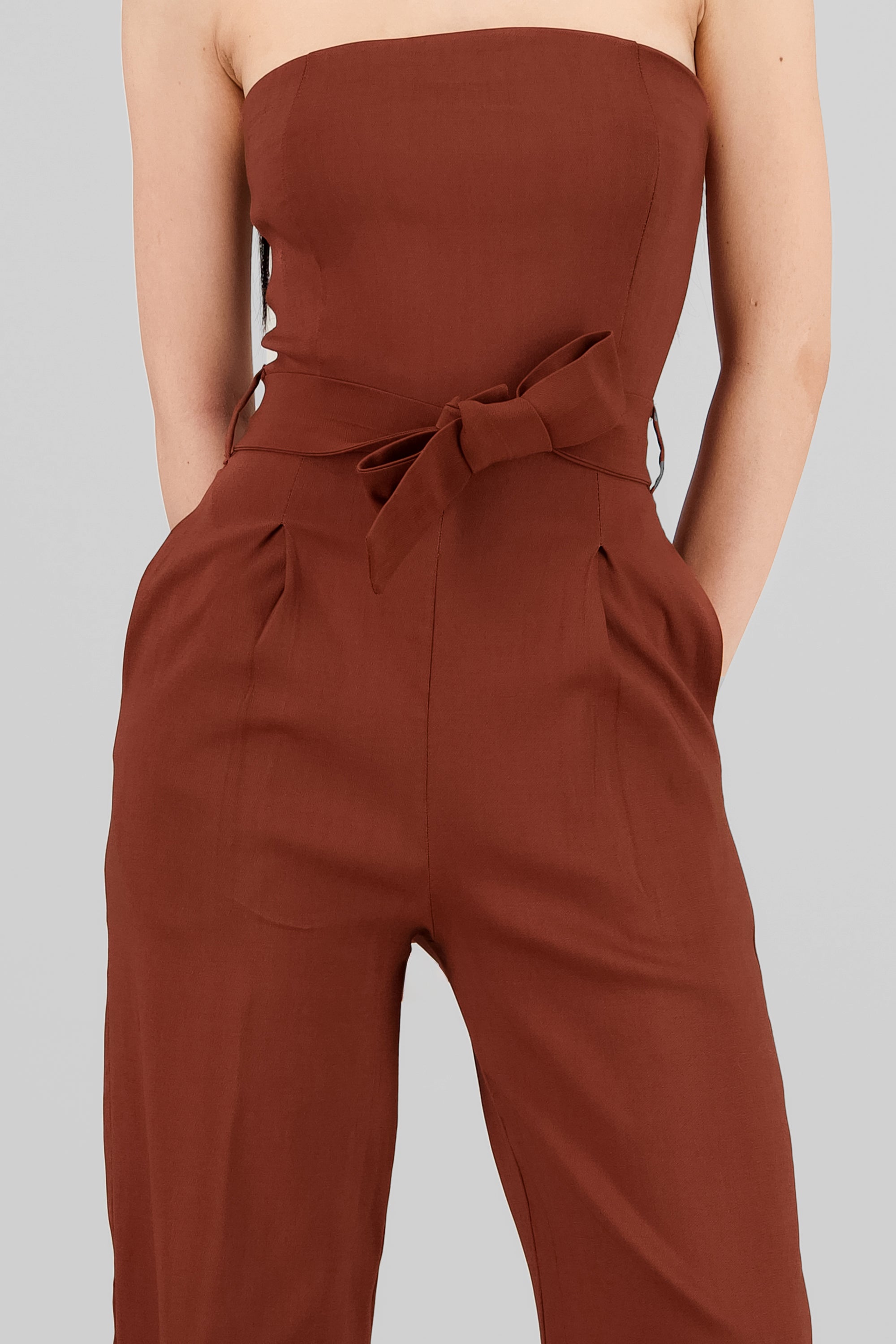 Solid Strapless Jumpsuit With Belt BROWN