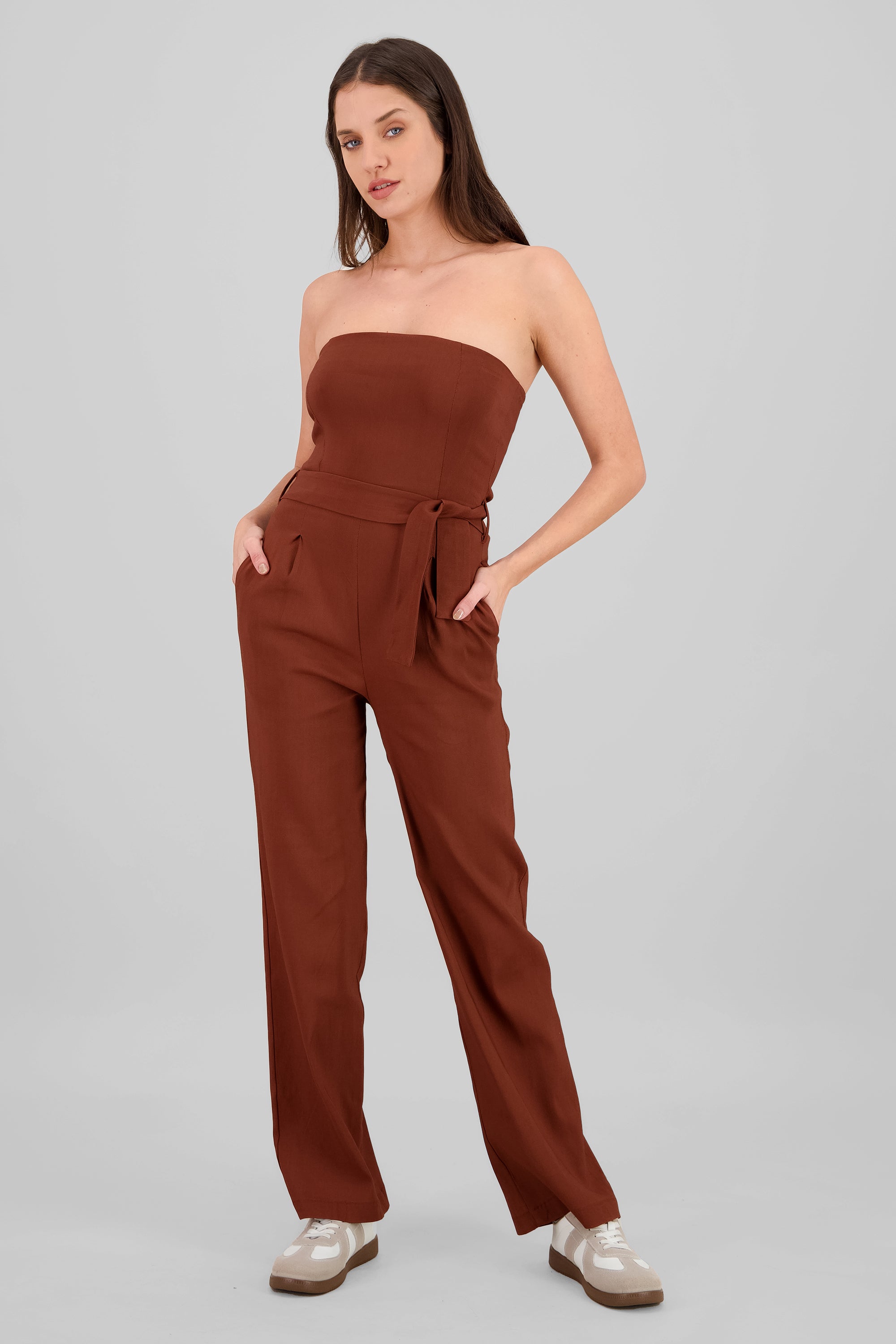 Solid Strapless Jumpsuit With Belt CHOCOLATE