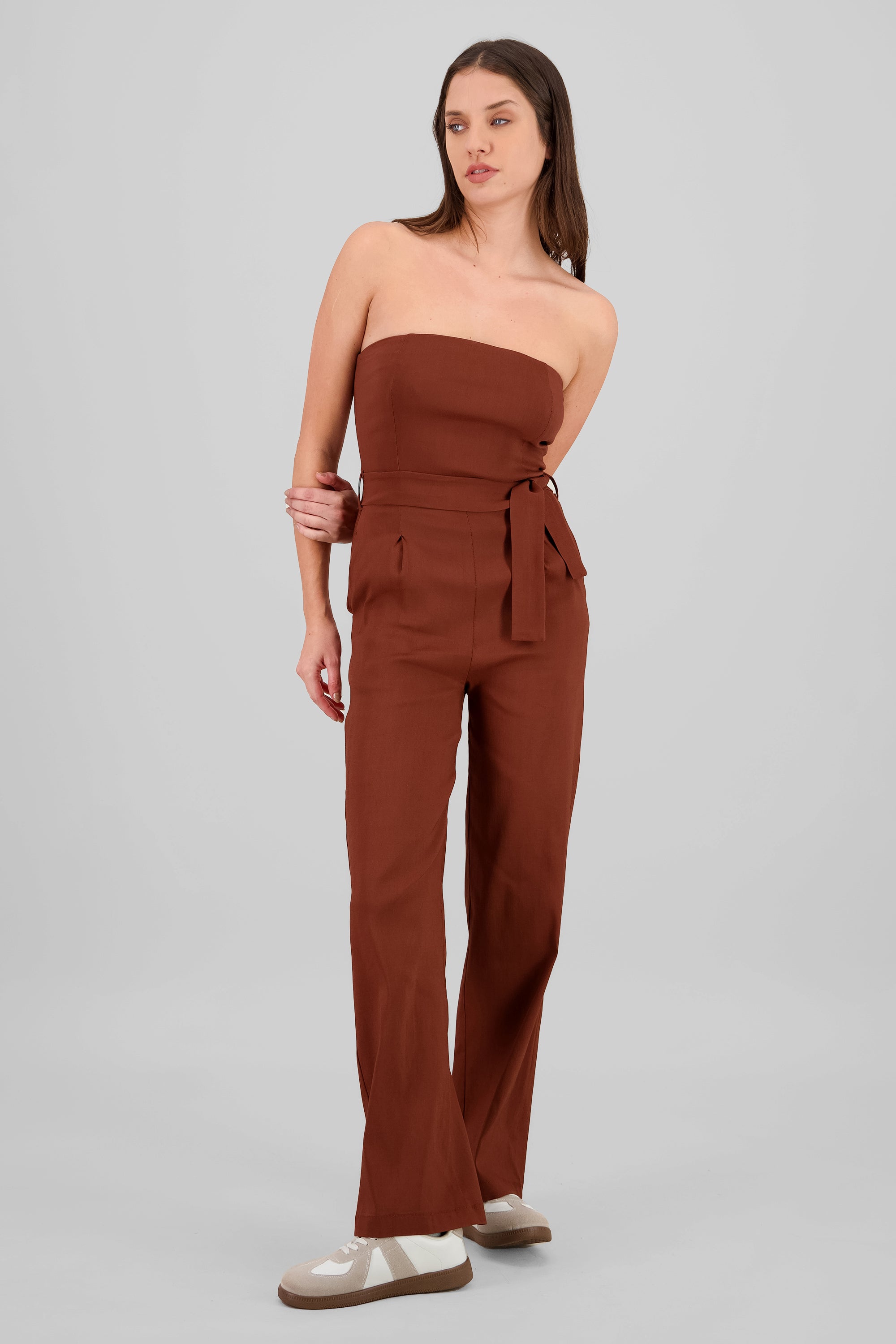 Solid Strapless Jumpsuit With Belt CHOCOLATE