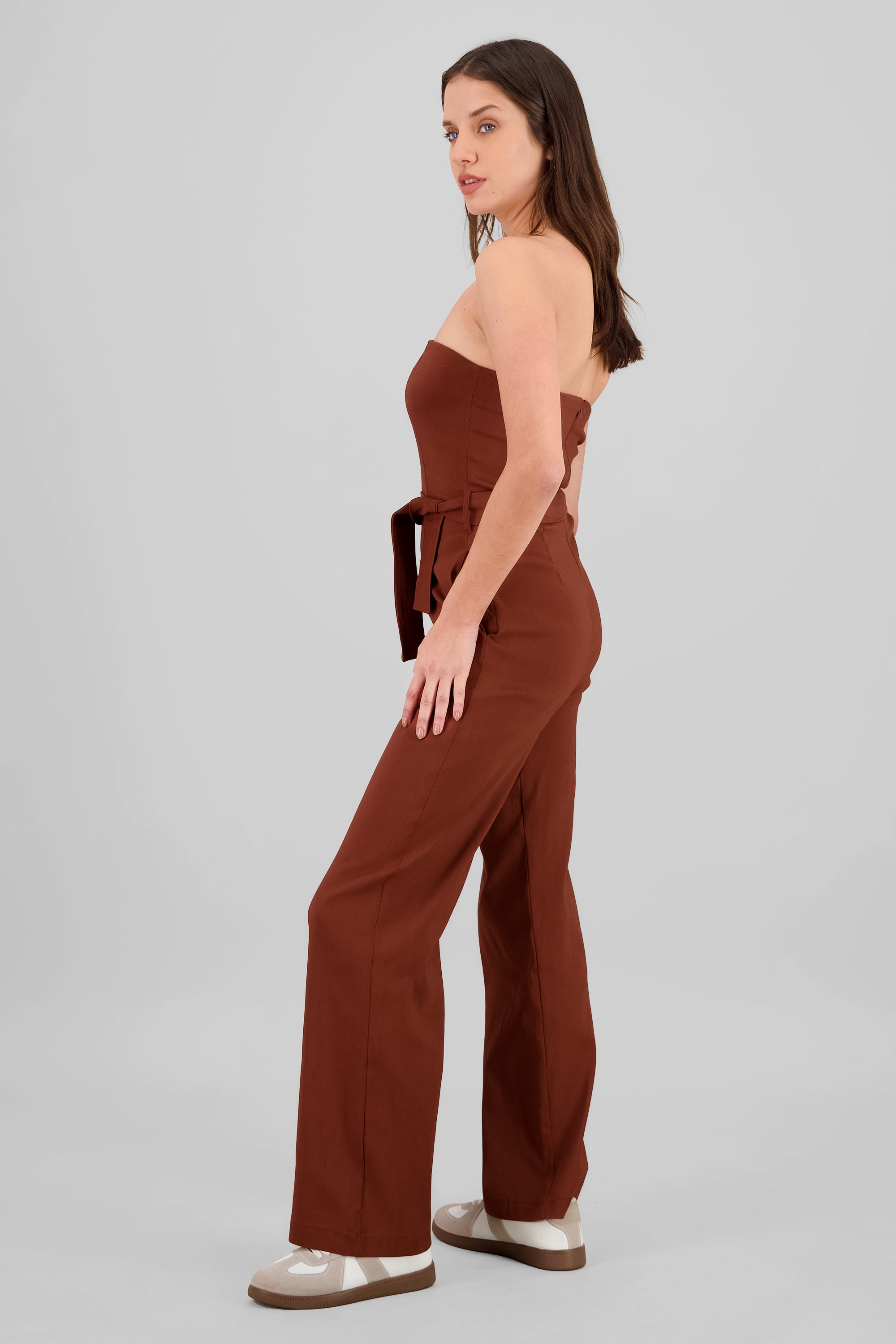 Solid Strapless Jumpsuit With Belt CHOCOLATE