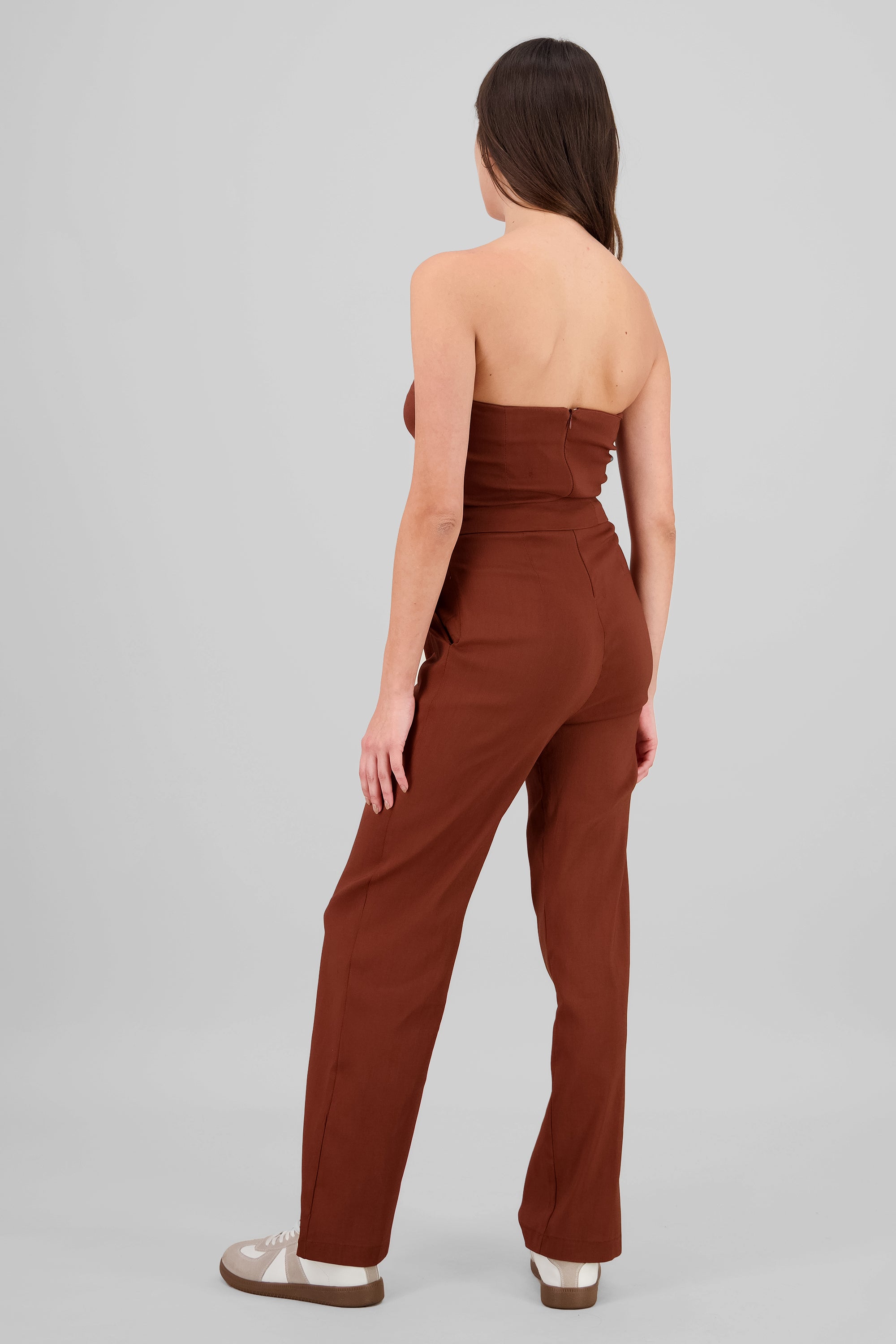 Solid Strapless Jumpsuit With Belt CHOCOLATE