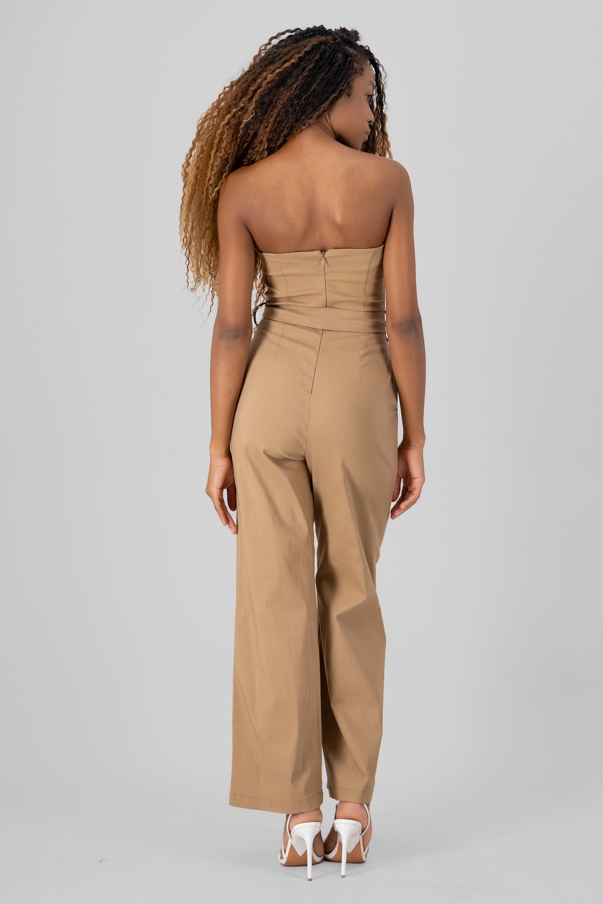 Solid Strapless Jumpsuit With Belt KHAKI