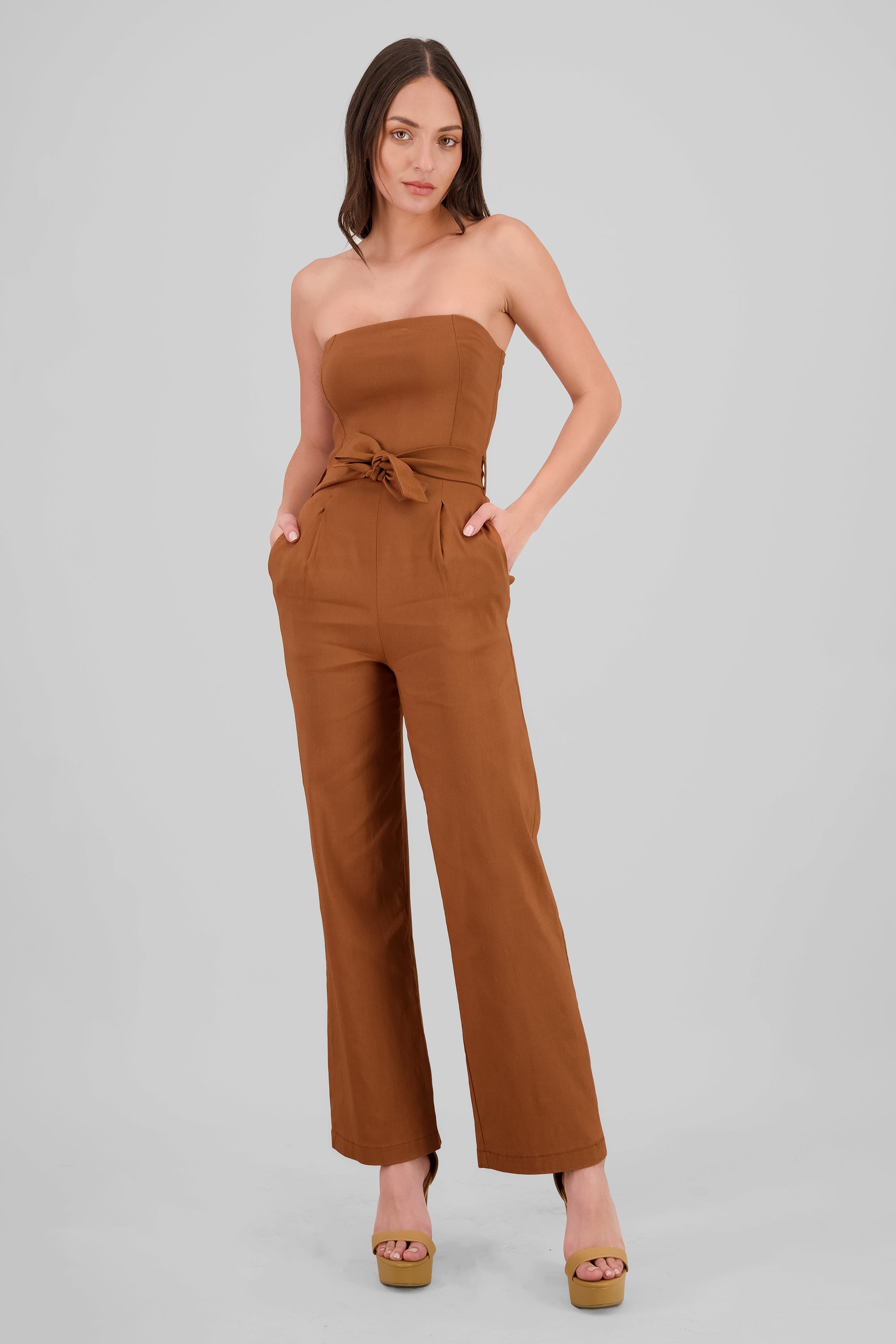 Solid Strapless Jumpsuit With Belt CAMEL