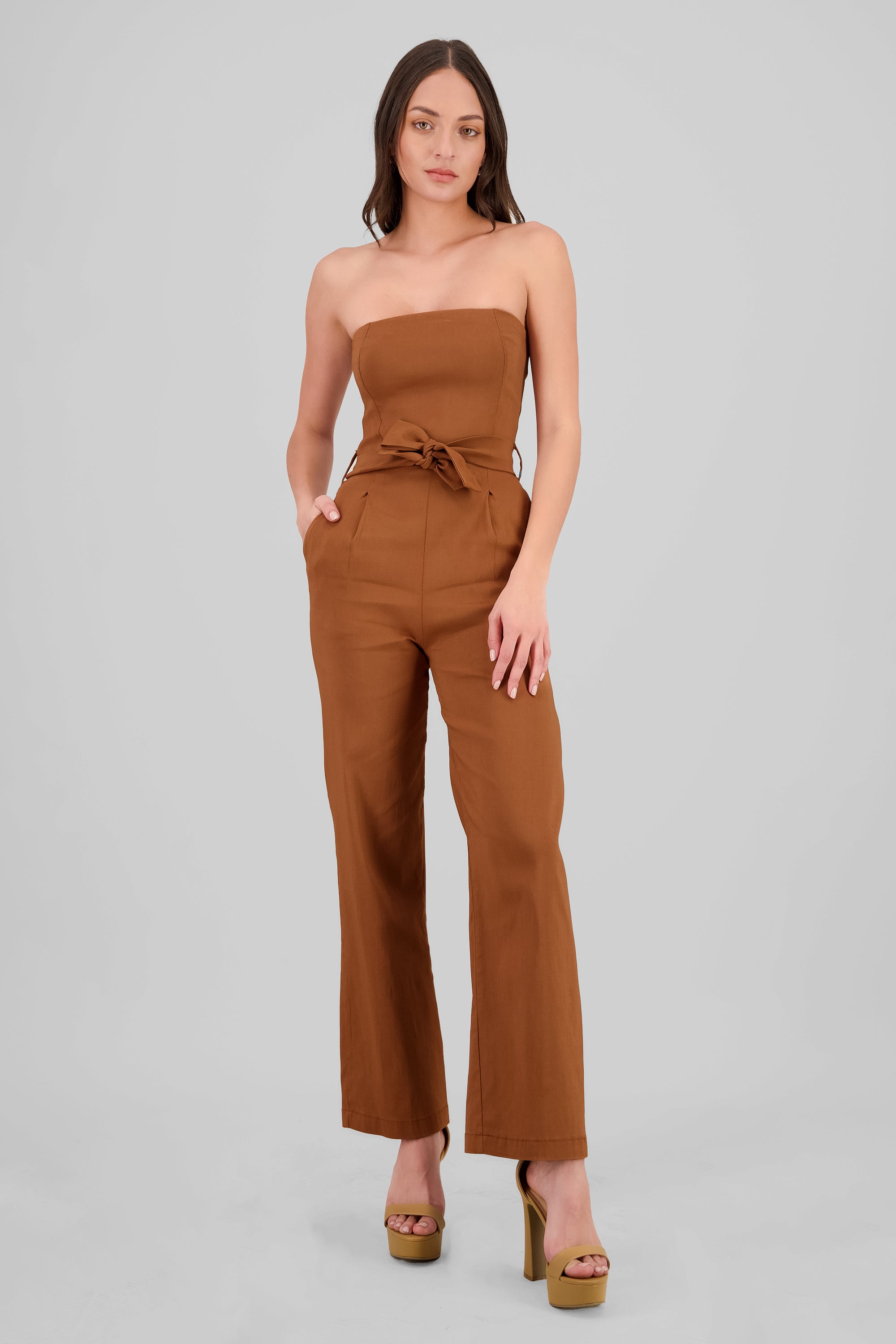 Solid Strapless Jumpsuit With Belt CAMEL