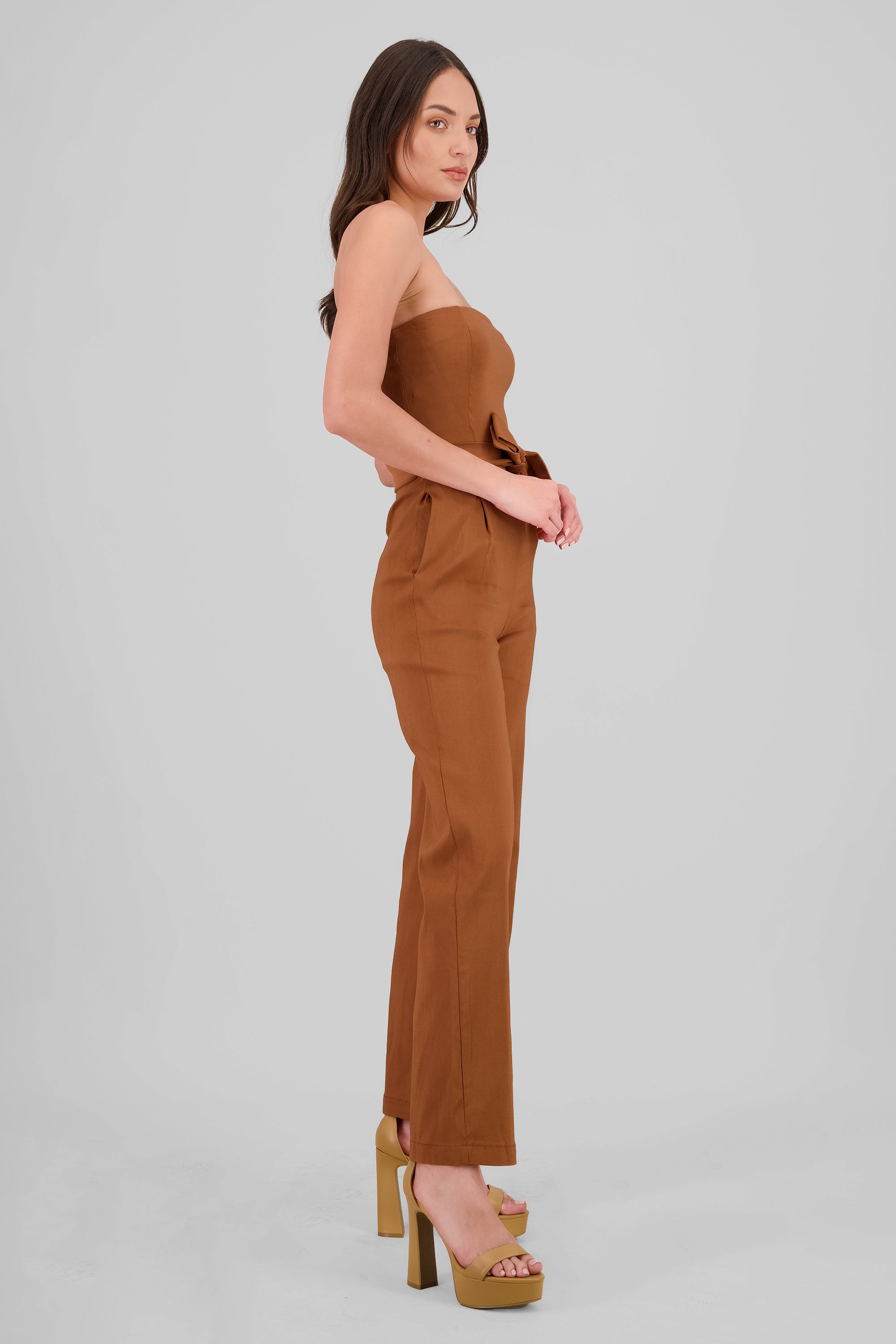 Solid Strapless Jumpsuit With Belt CAMEL