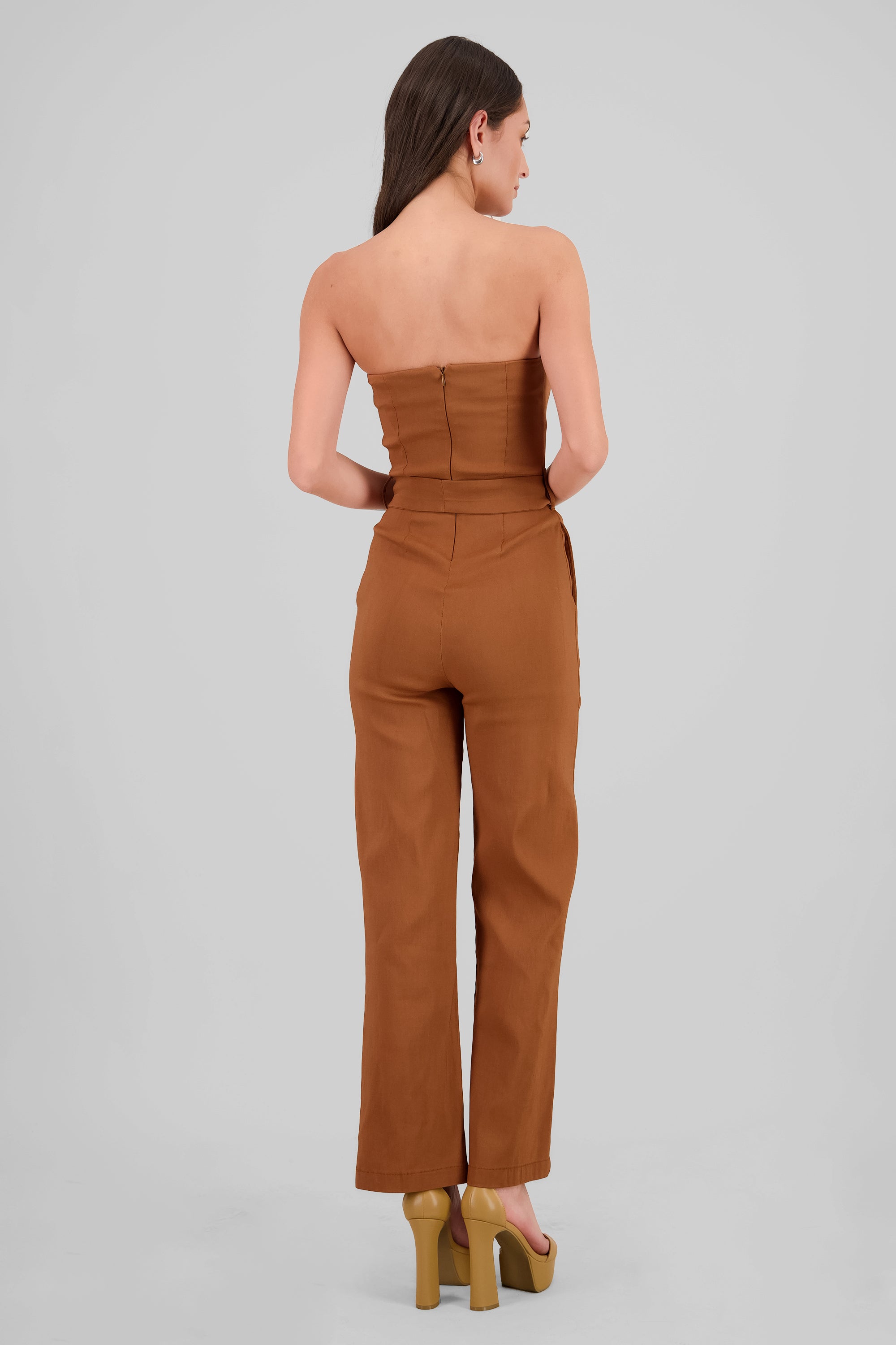 Solid Strapless Jumpsuit With Belt CAMEL