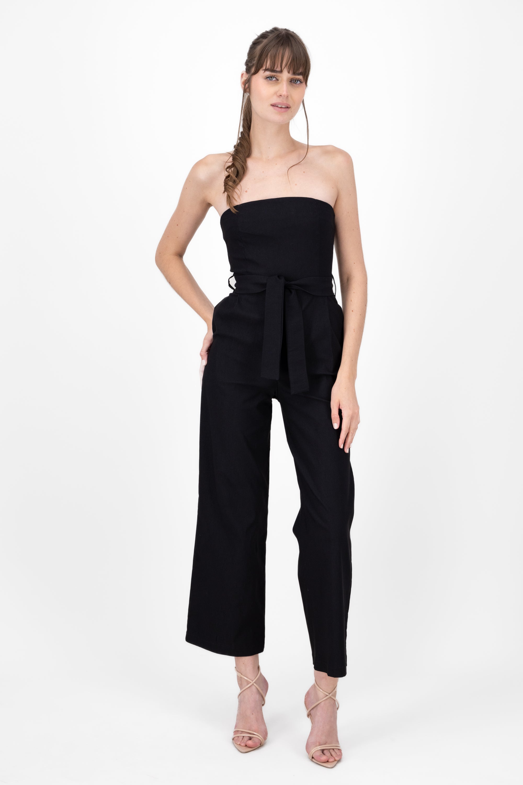 Solid Strapless Jumpsuit With Belt BLACK